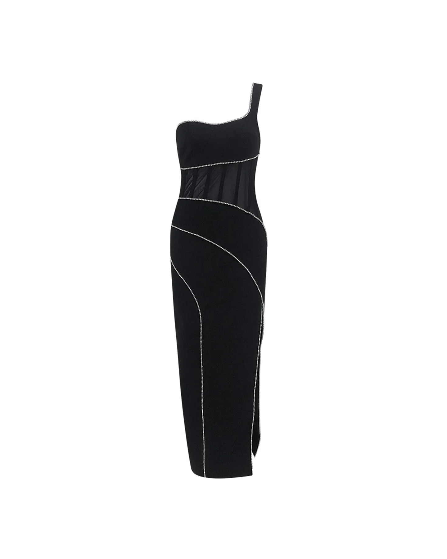 Black Crystal Stripe One-Shoulder Maxi Dress for Women