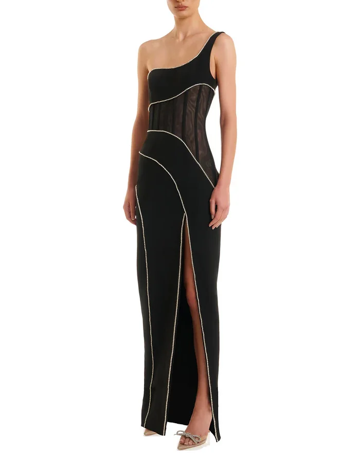 Black Crystal Stripe One-Shoulder Maxi Dress for Women