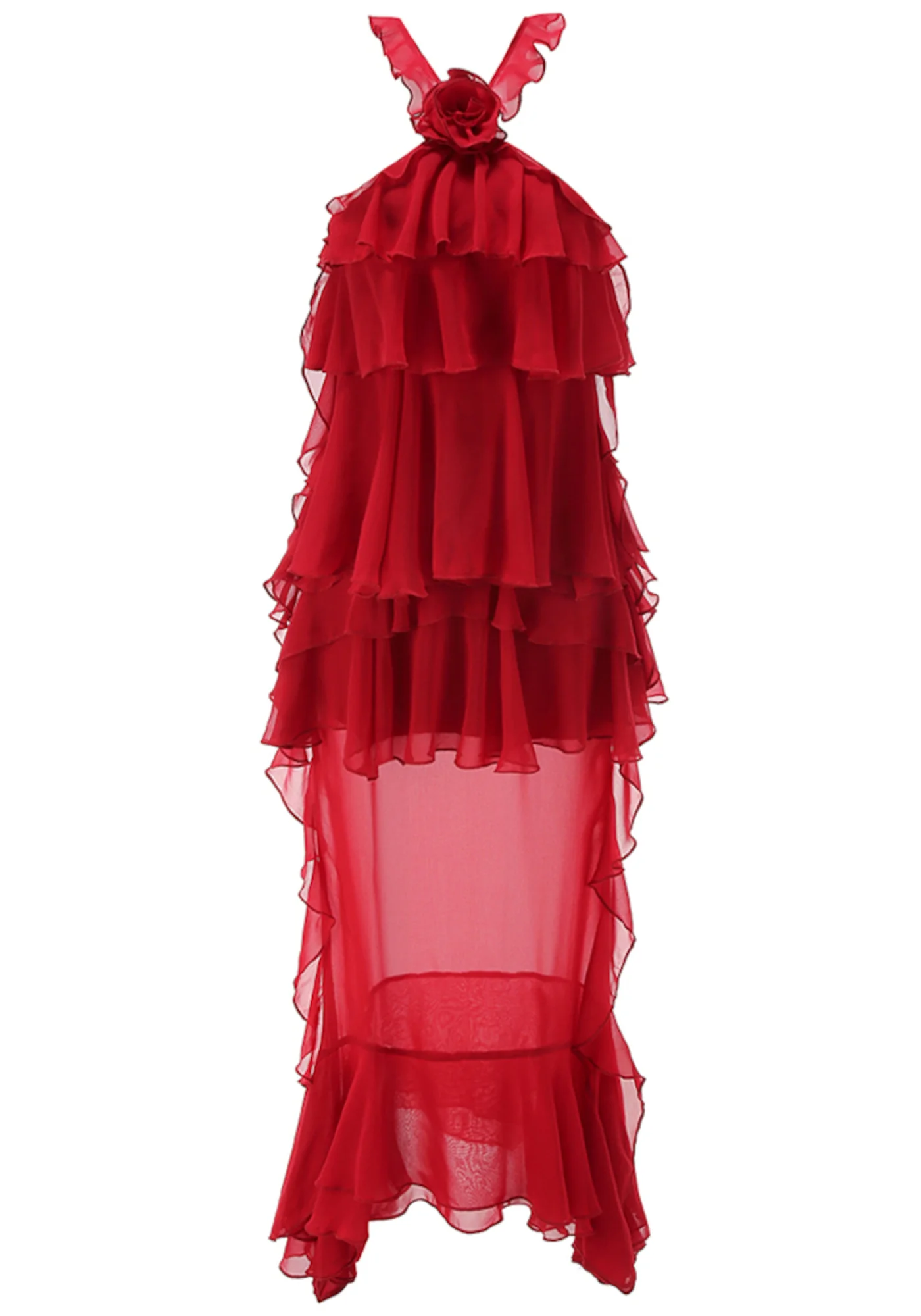 Red Floral Ruffle Maxi Dress - Elegant Halterneck Design