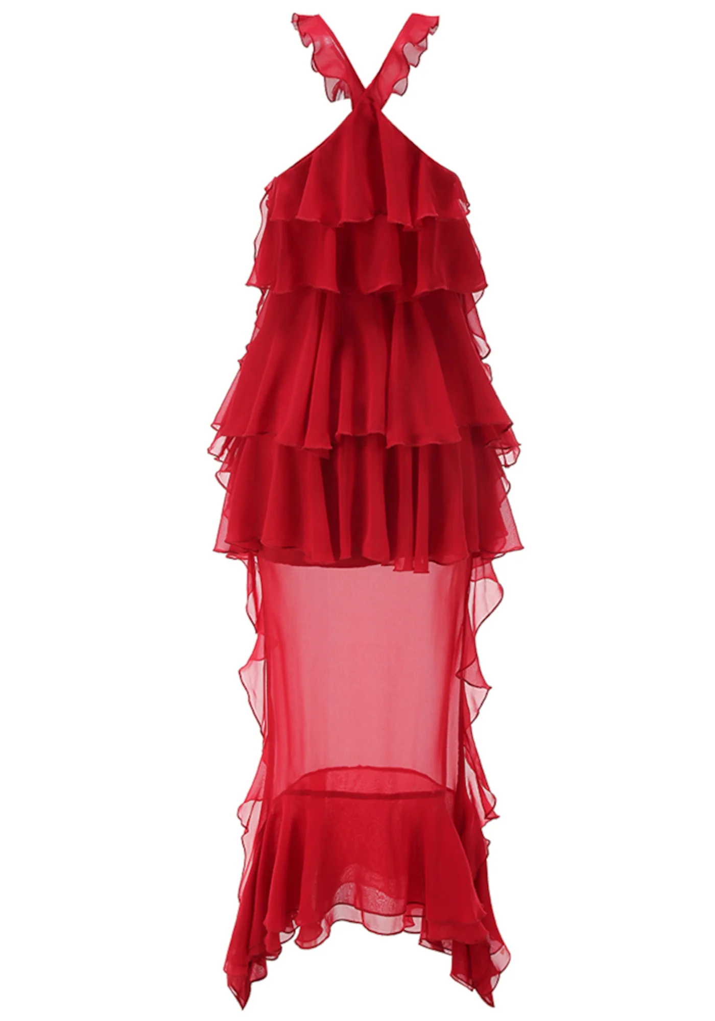 Red Floral Ruffle Maxi Dress - Elegant Halterneck Design