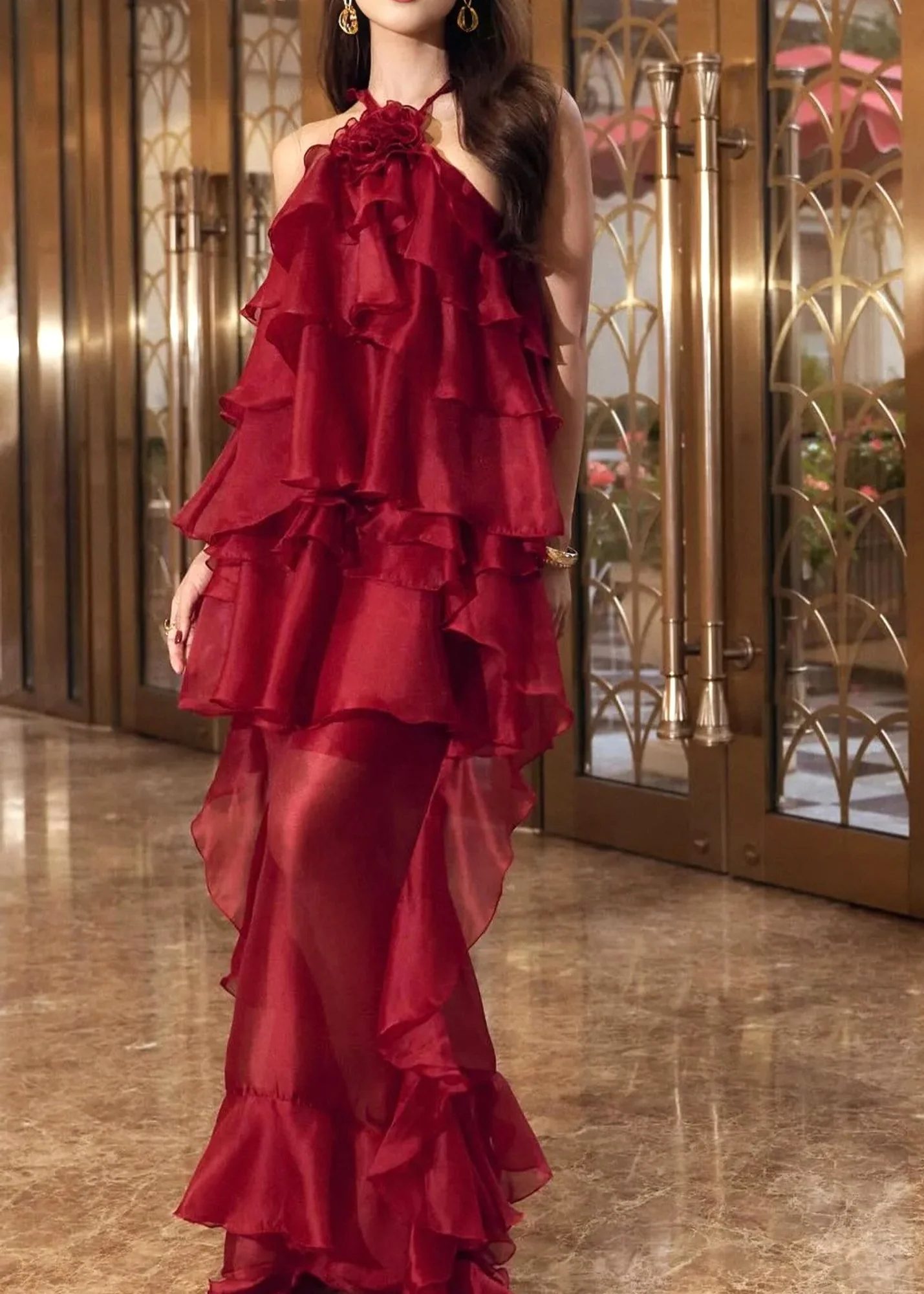 Red Floral Ruffle Maxi Dress - Elegant Halterneck Design