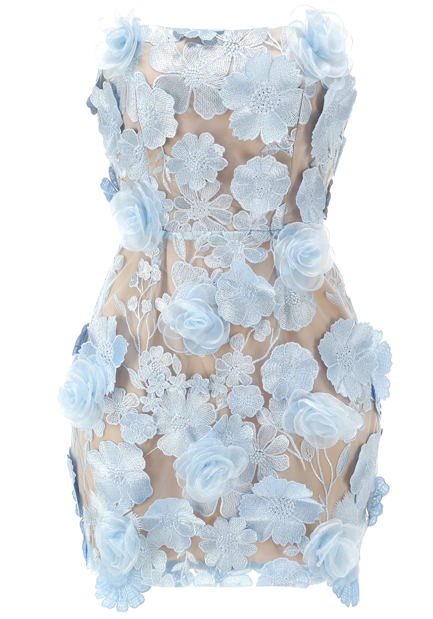 Blue Floral Embroidered Strapless Mini Dress - Elegant Design