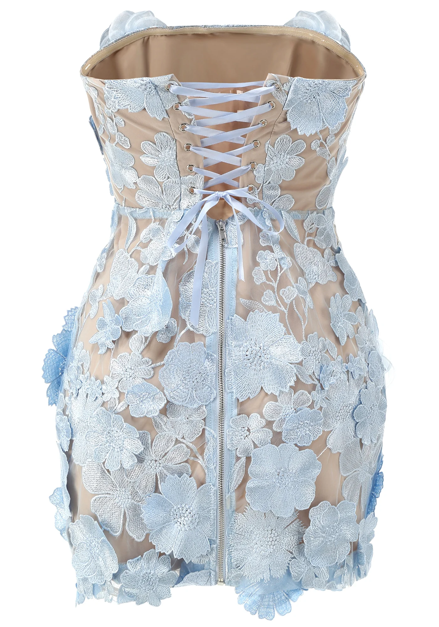 Blue Floral Embroidered Strapless Mini Dress - Elegant Design