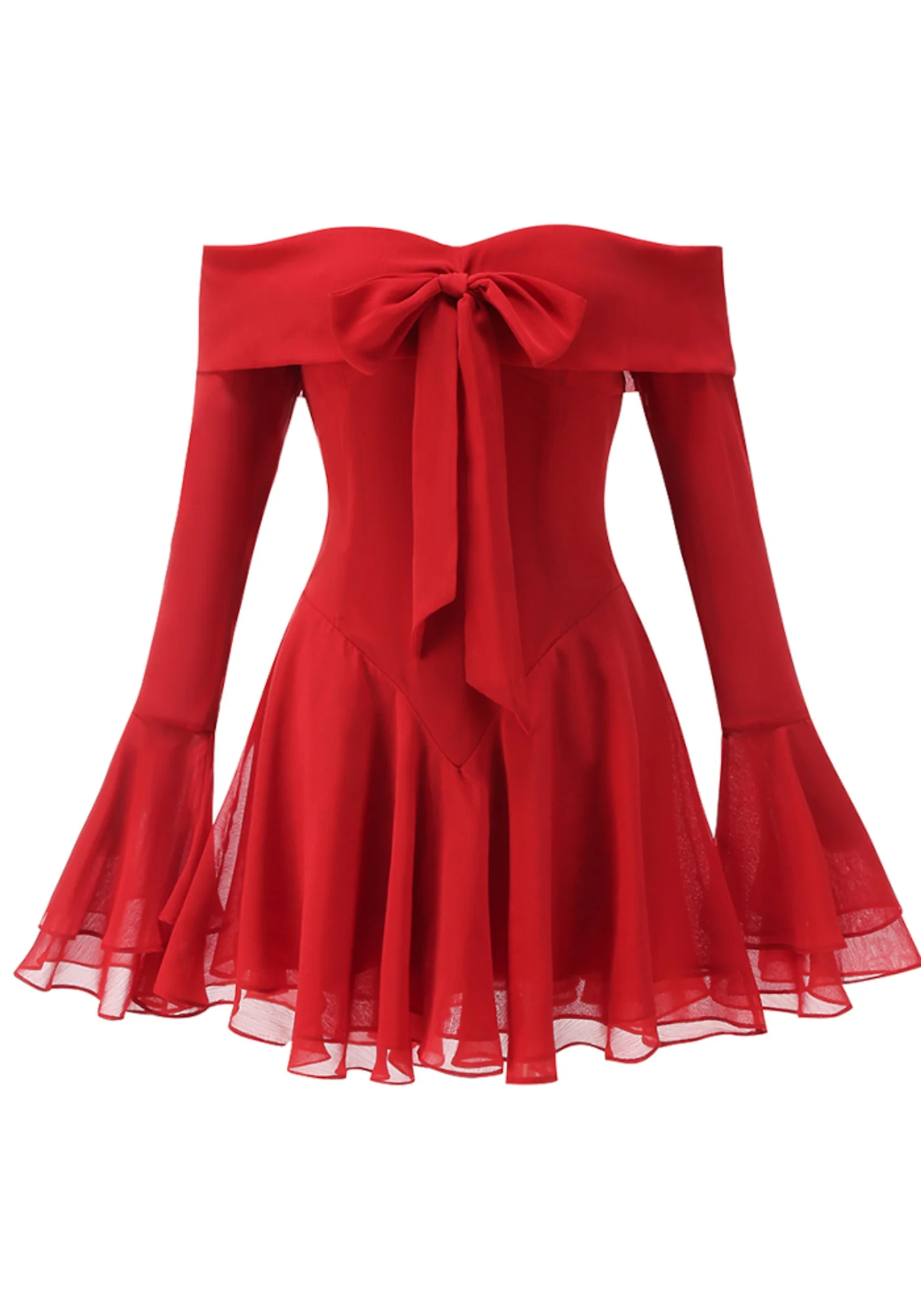 Red Bardot A-Line Dress with Bow Detail