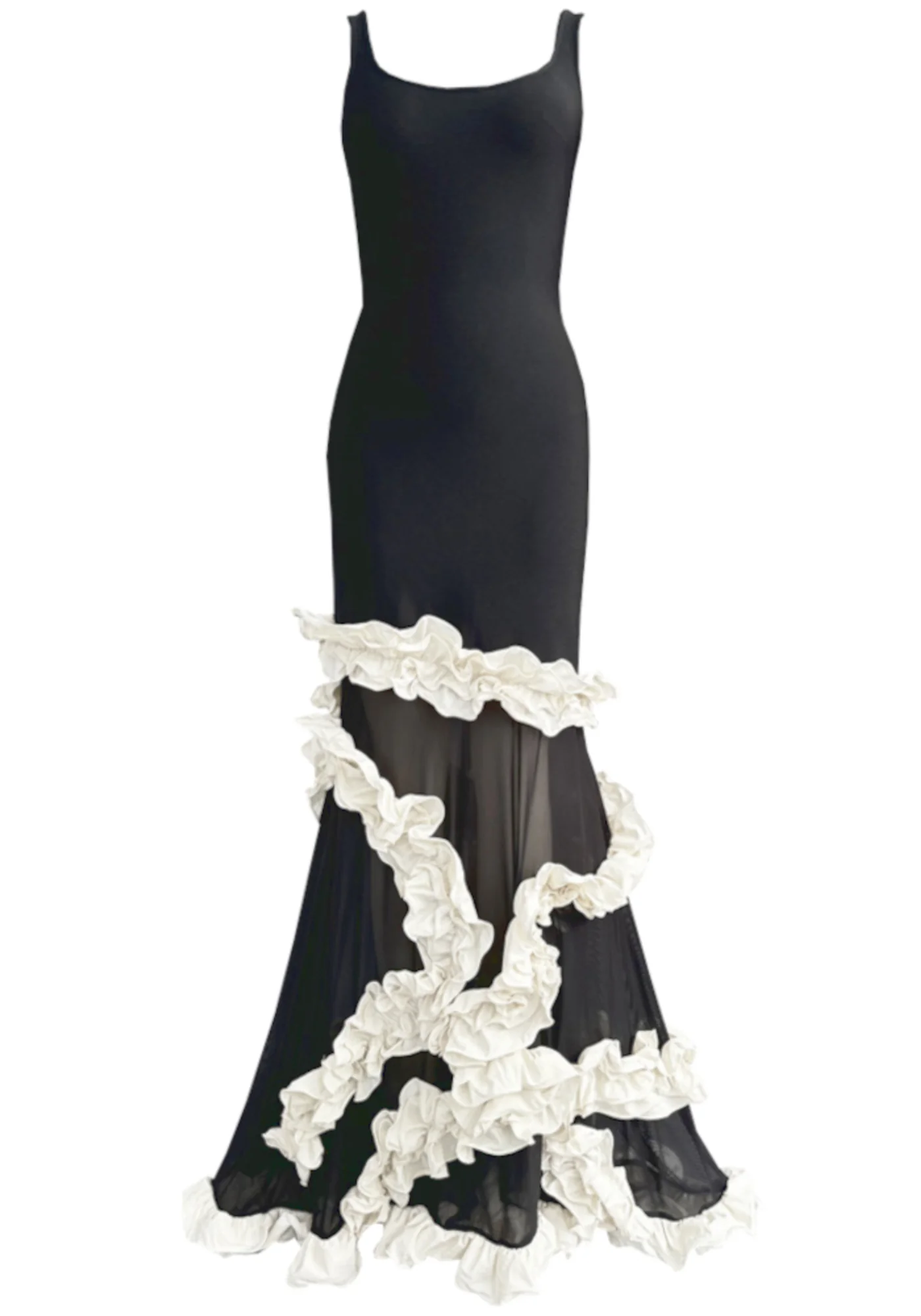 Black White Ruffle Mesh Maxi Dress - Elegant Sleeveless Design