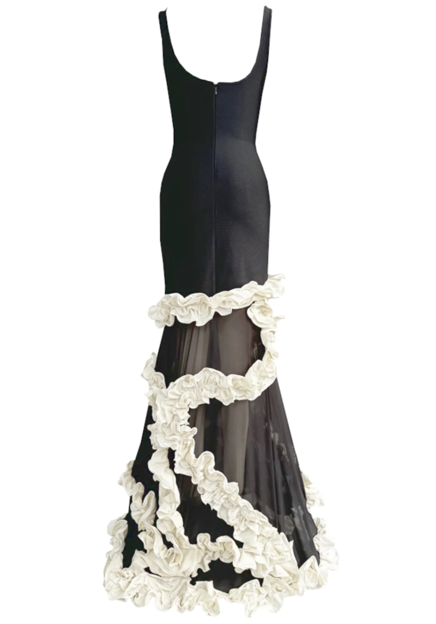 Black White Ruffle Mesh Maxi Dress - Elegant Sleeveless Design