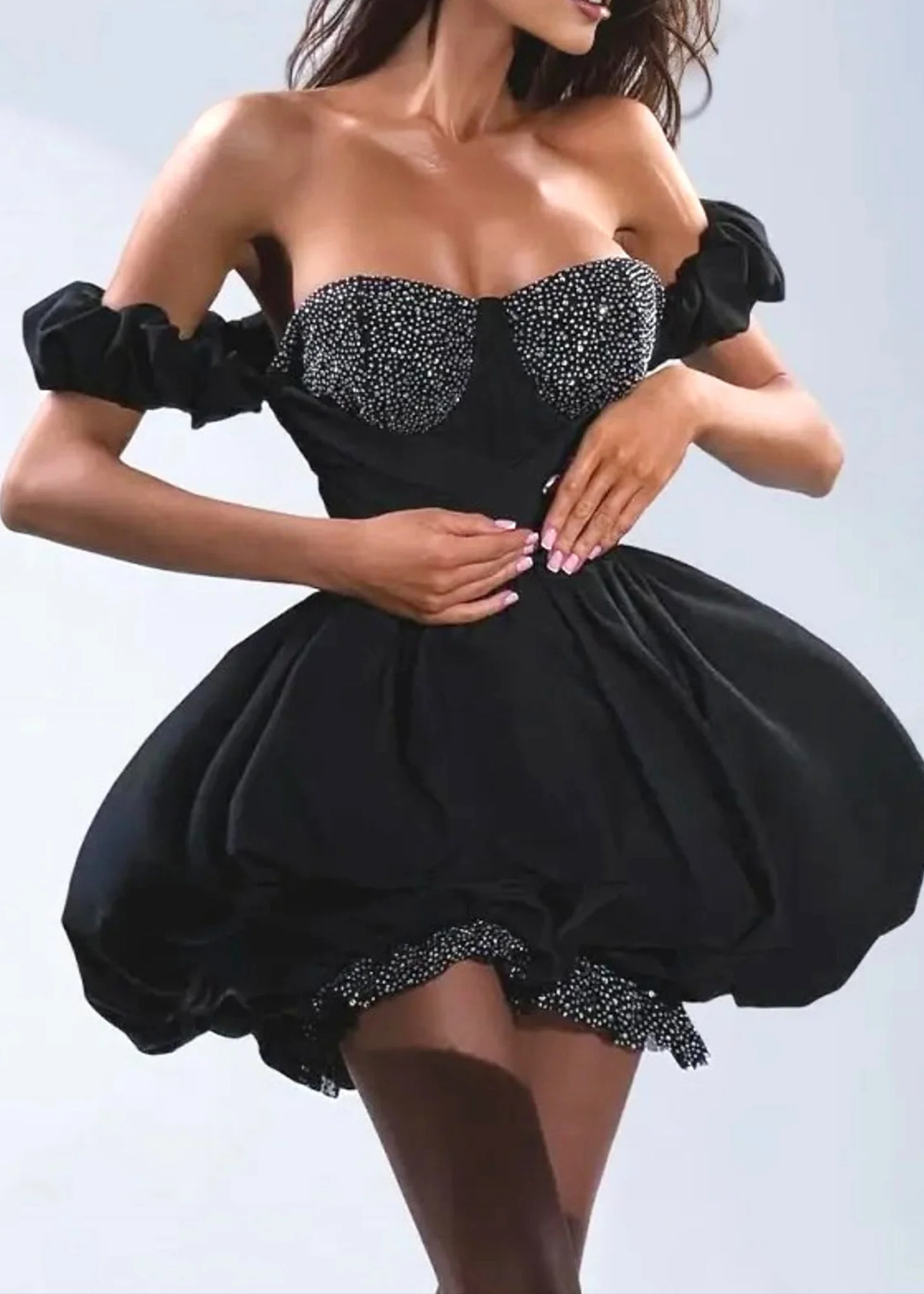 Black Crystal Bustier Romper Draped Design with Rhinestones