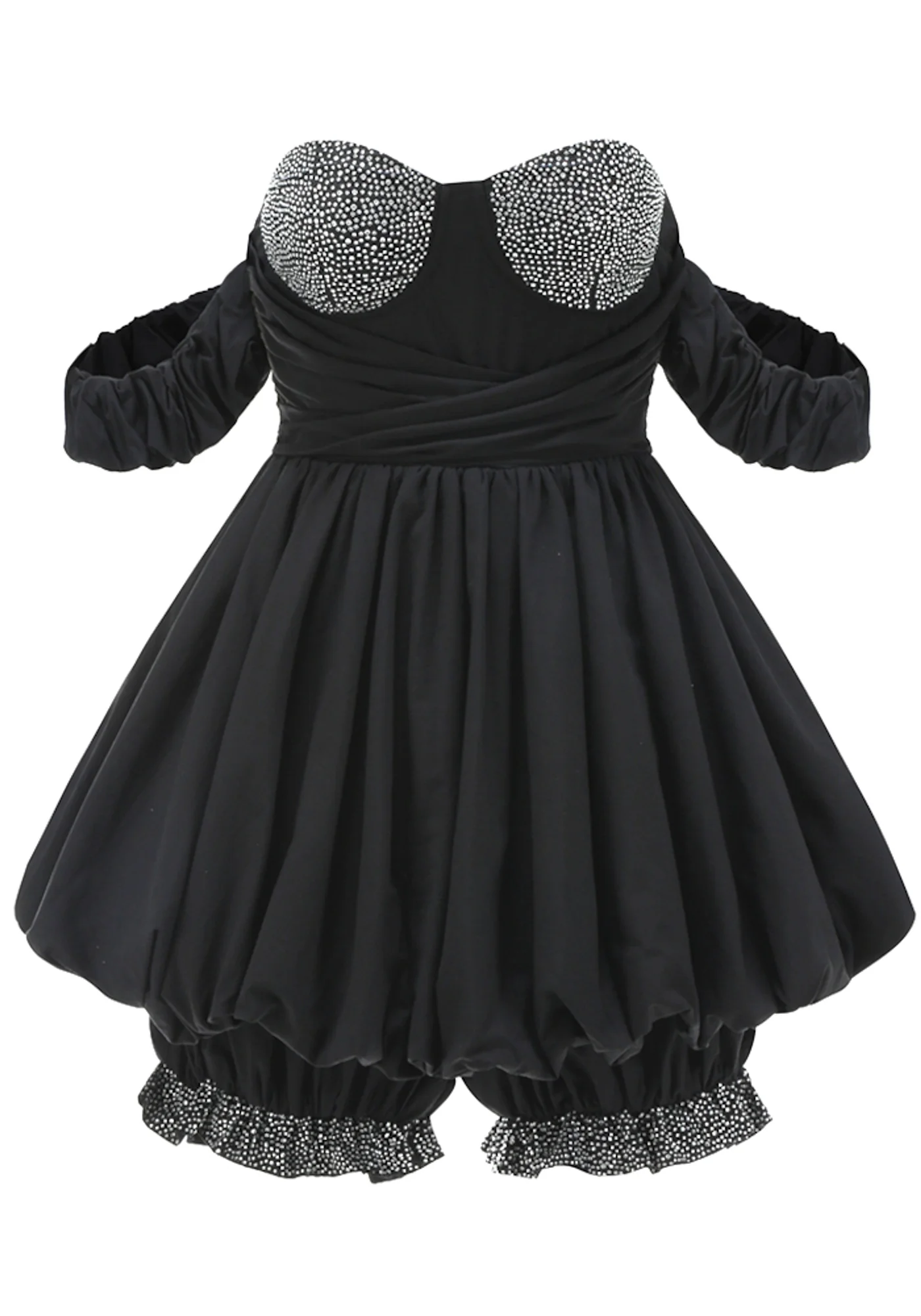 Black Crystal Bustier Romper Draped Design with Rhinestones
