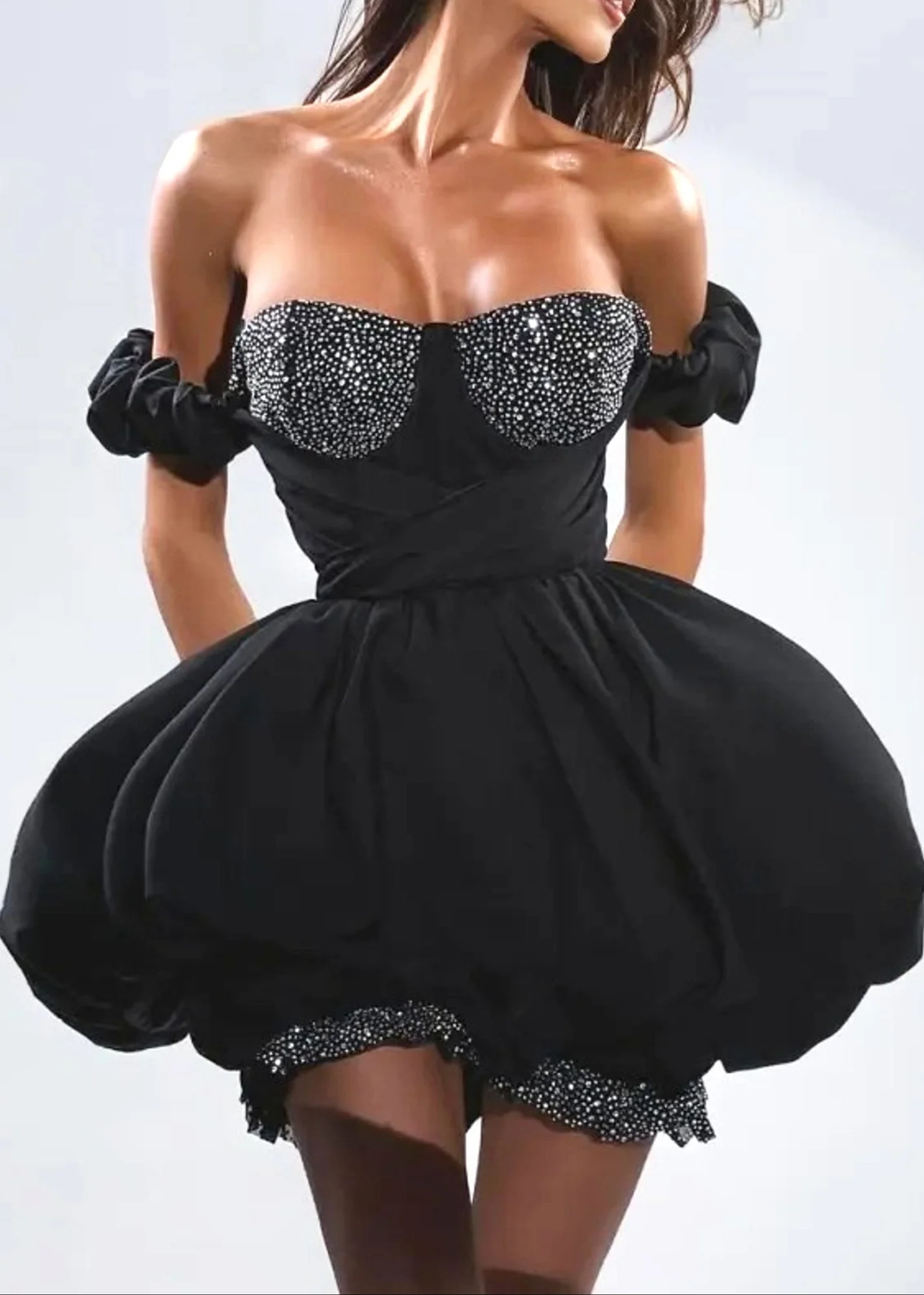 Black Crystal Bustier Romper Draped Design with Rhinestones