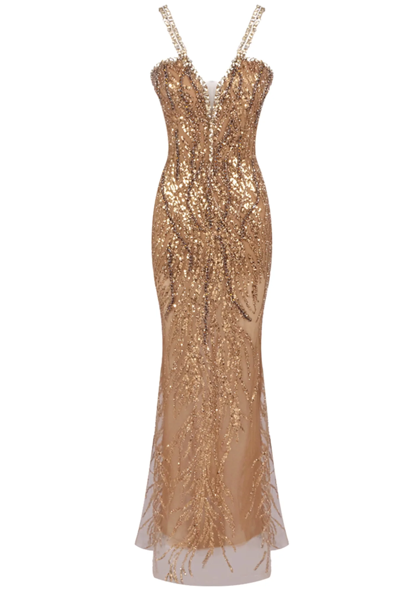 Gold Sequin V-Neck Maxi Dress with Adjustable Straps