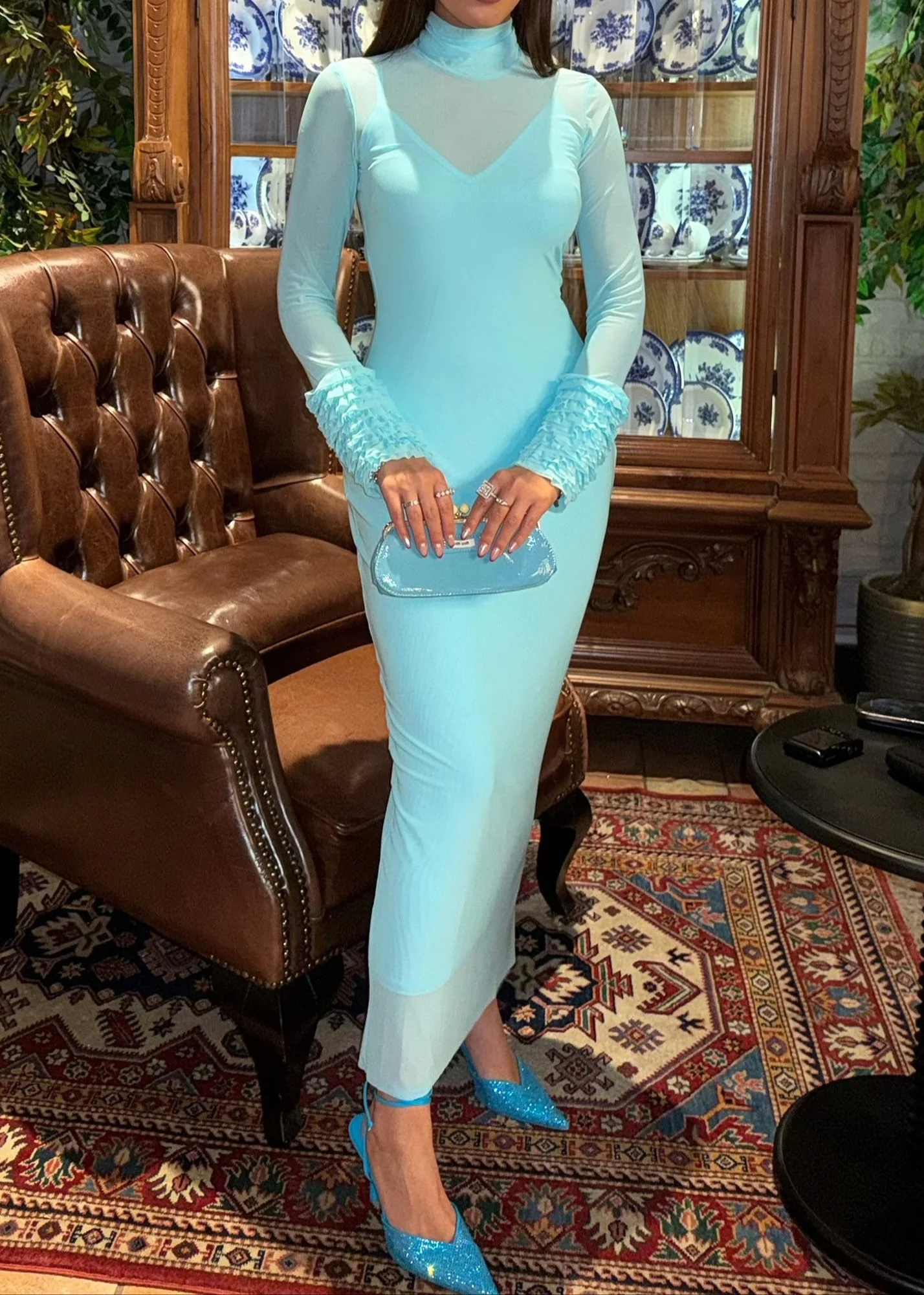 Turquoise Ruffle Maxi Dress with Long Mesh Sleeves