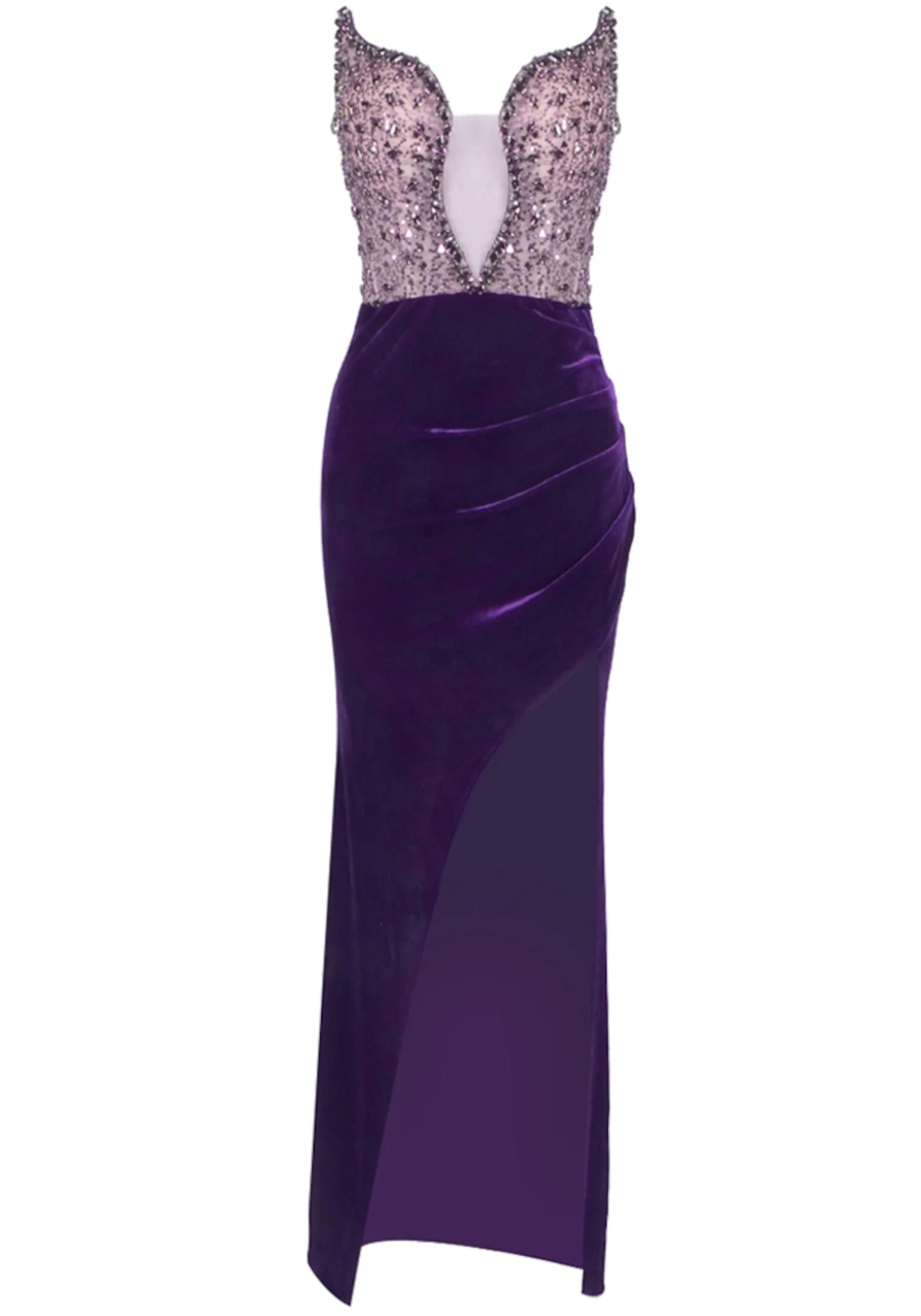 Purple Velvet Maxi Strapless Dress with Crystal Embellishments