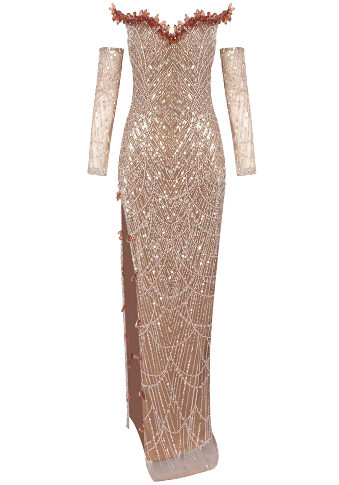 Gold Strapless Sequin Maxi Dress with Crystal Embellishments