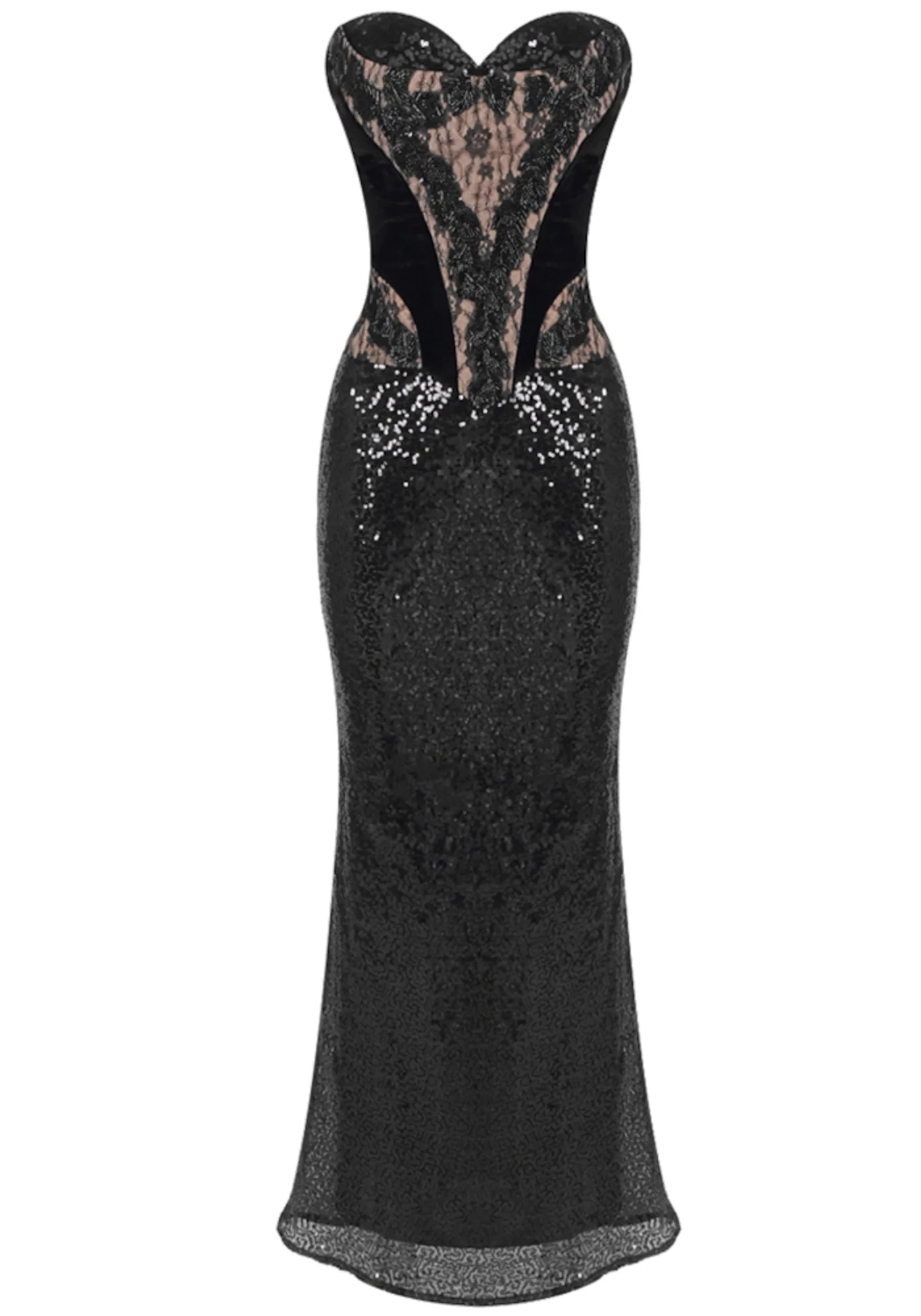 Black Lace Sequin Strapless Maxi Dress