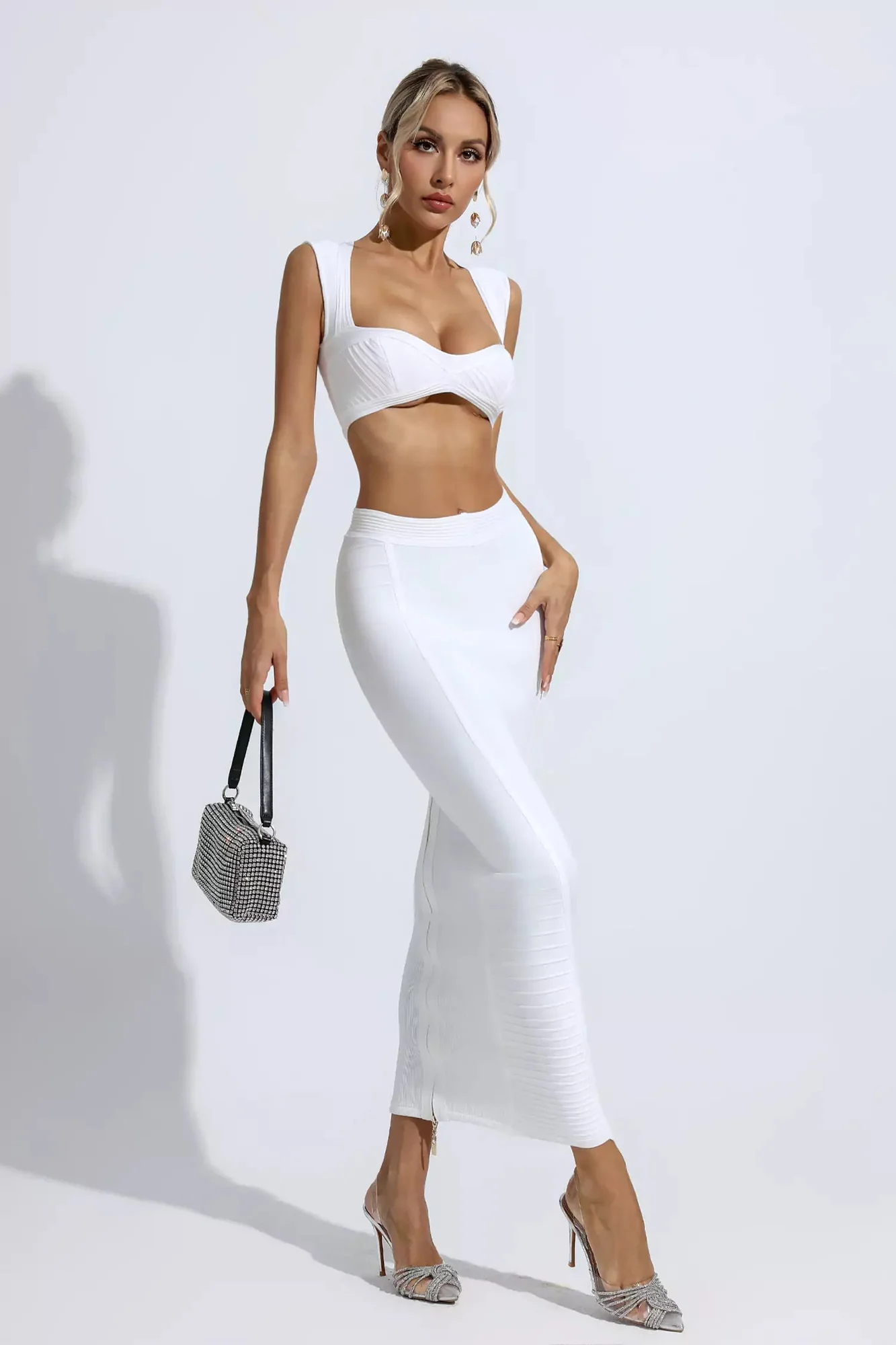 Ivory Bandage Crop Top and Midi Dress Set - Flirty Cutout Style