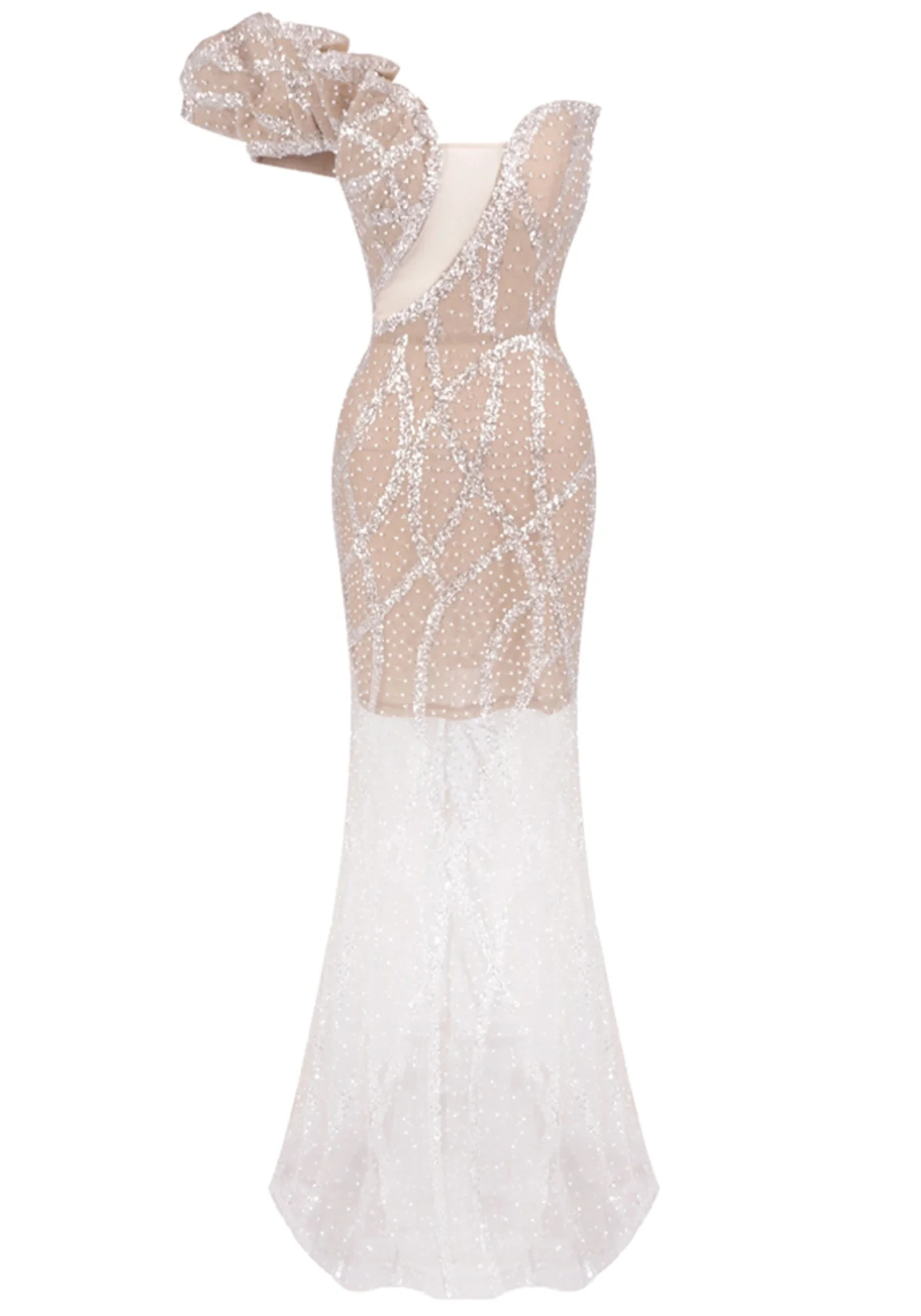 Nude Sequin Mermaid Maxi Dress - One Shoulder Elegant Design