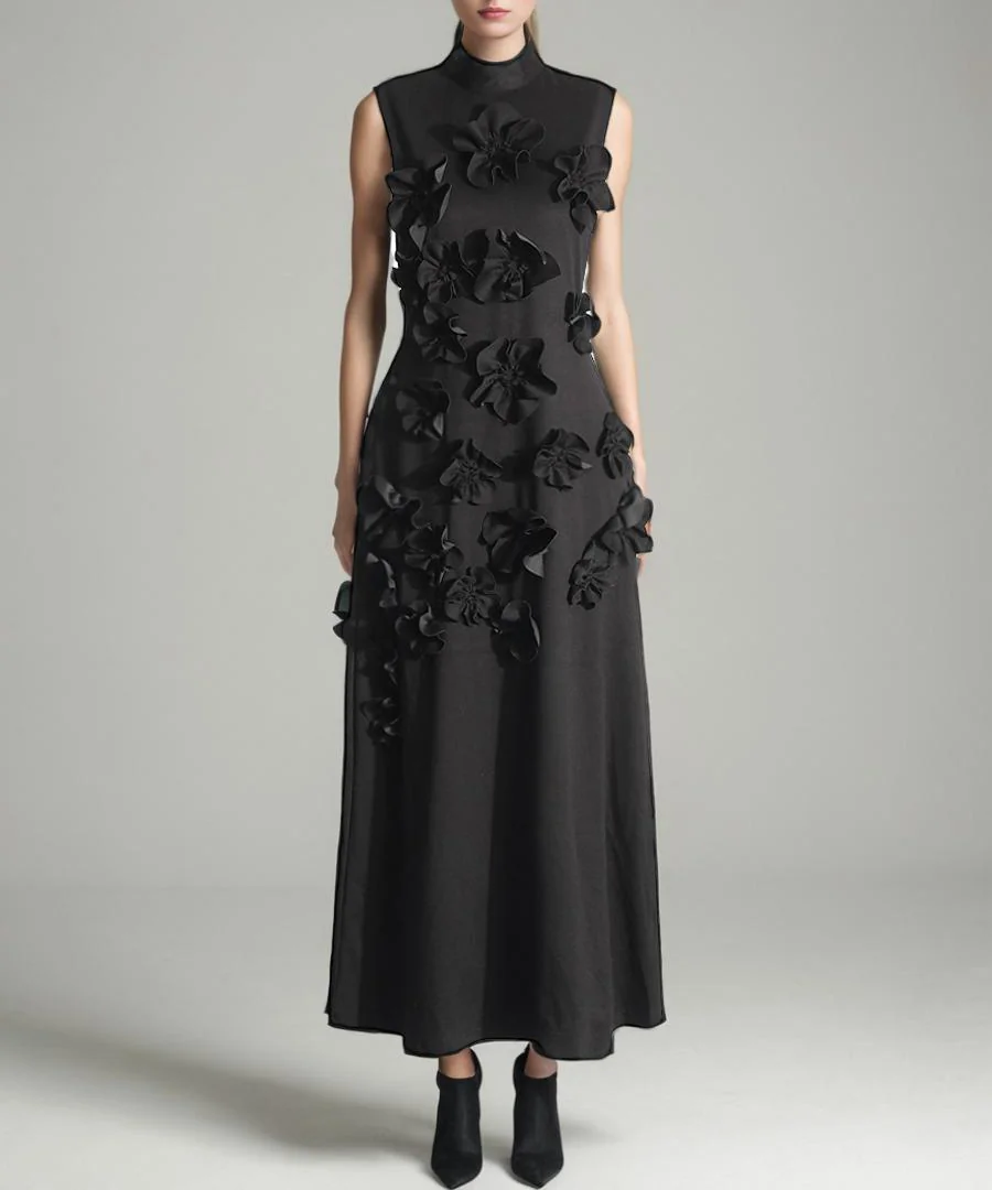 Black Flower Embellished Maxi Dress - Elegant Floral Evening Wear