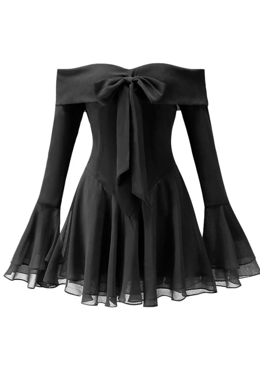 Black Bardot A-Line Mini Dress with Bow Detail