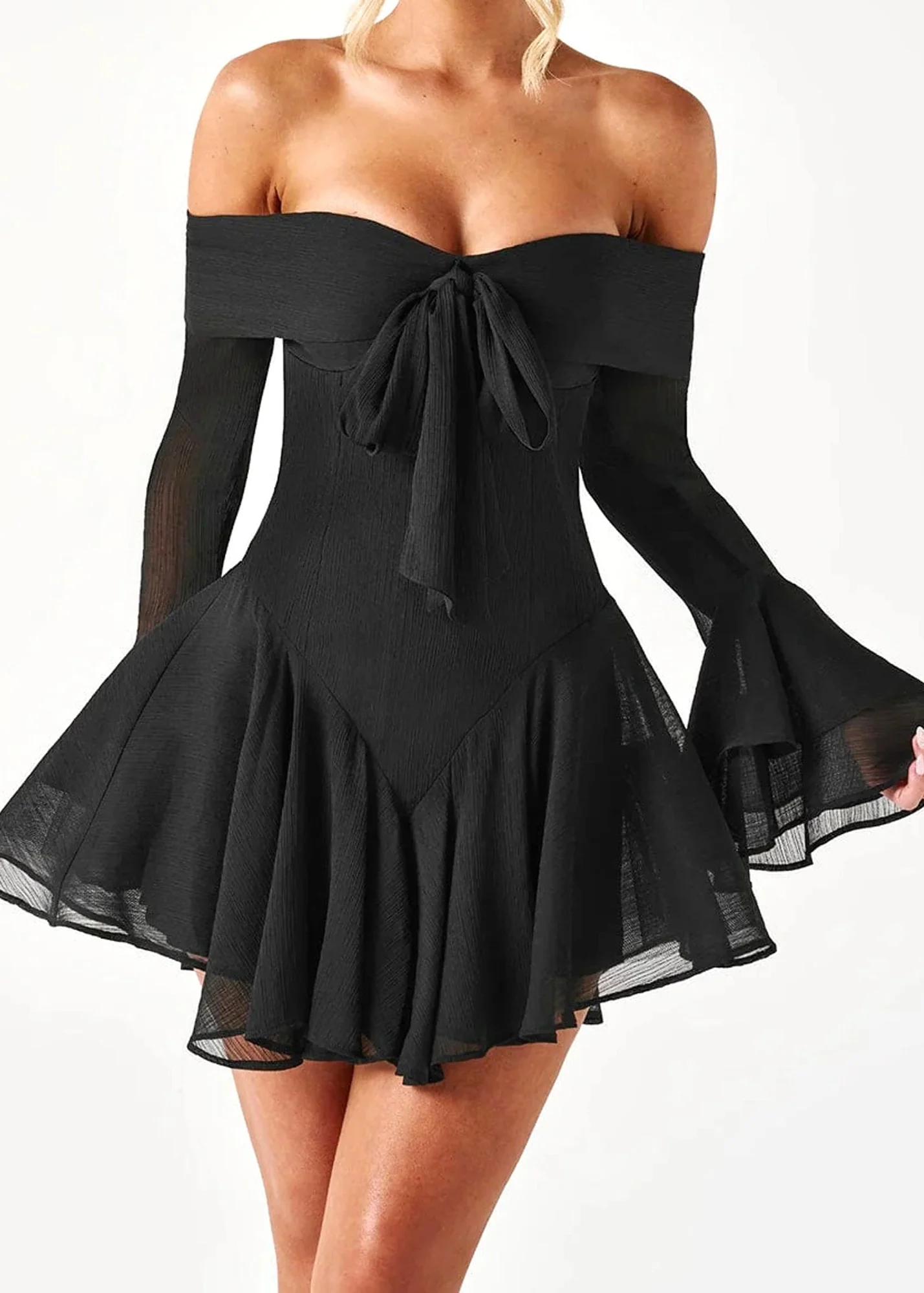 Black Bardot A-Line Mini Dress with Bow Detail
