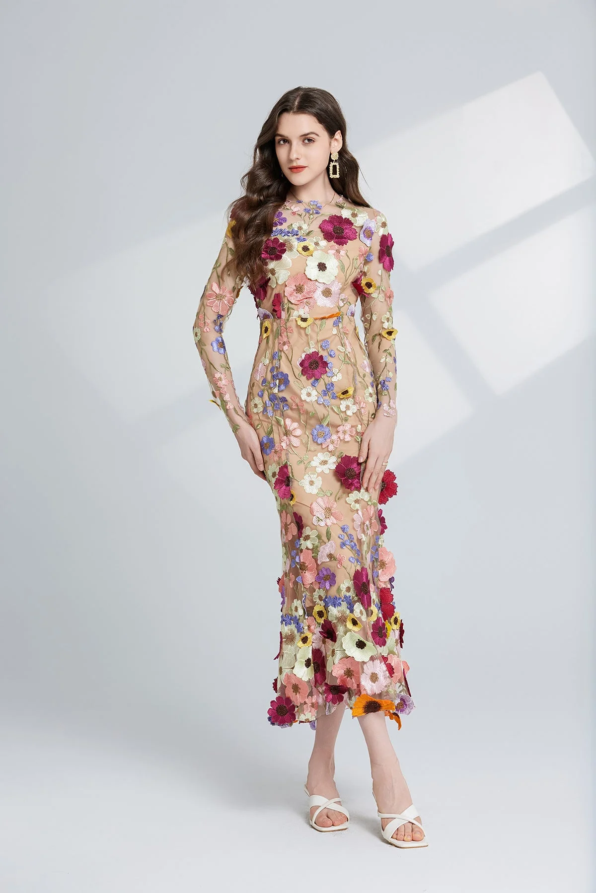 Apricot Floral Embroidery Mesh Midi Dress - Elegant Fishtail Hem