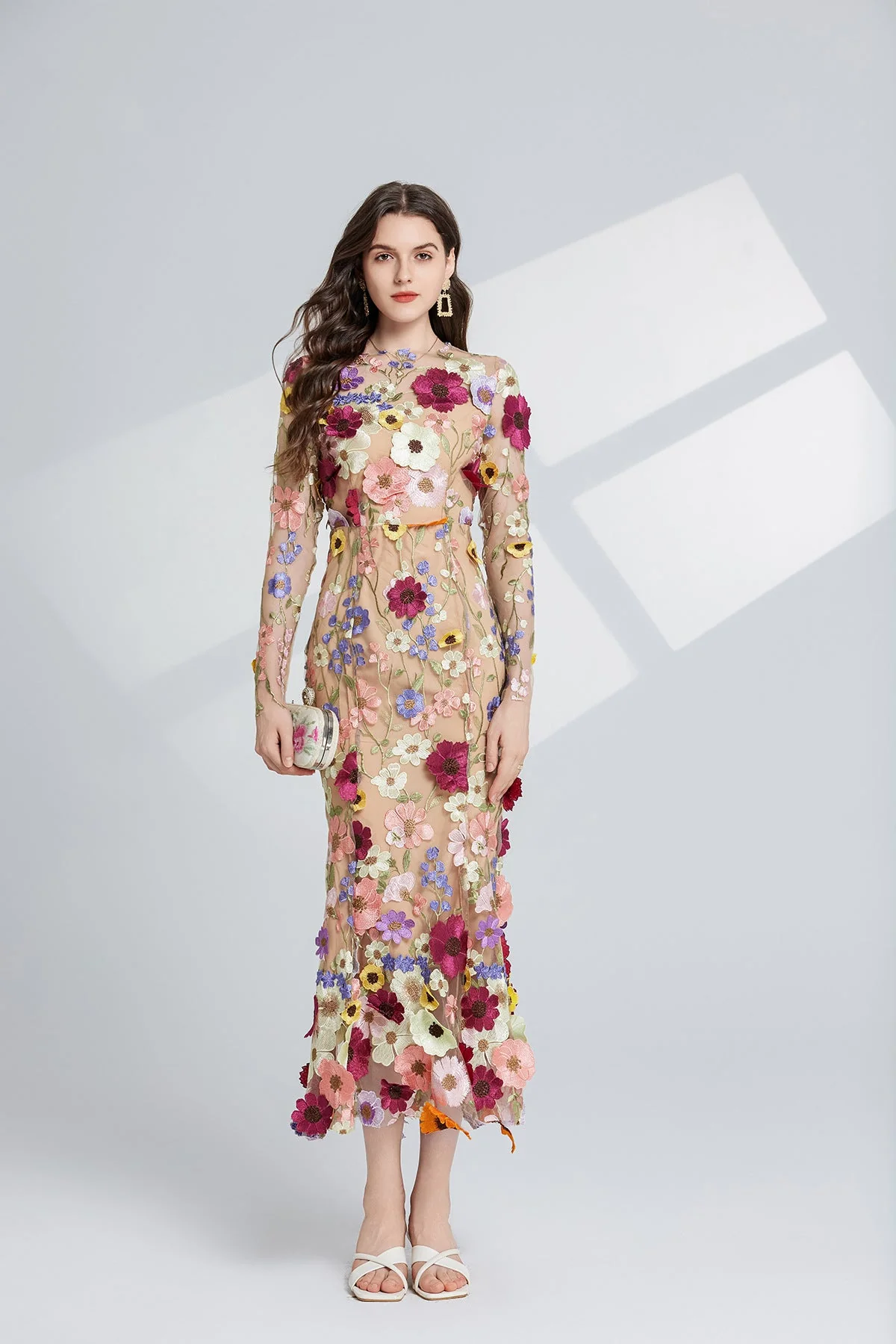 Apricot Floral Embroidery Mesh Midi Dress - Elegant Fishtail Hem