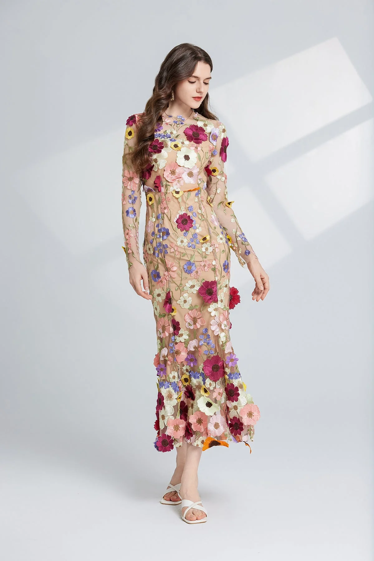 Apricot Floral Embroidery Mesh Midi Dress - Elegant Fishtail Hem