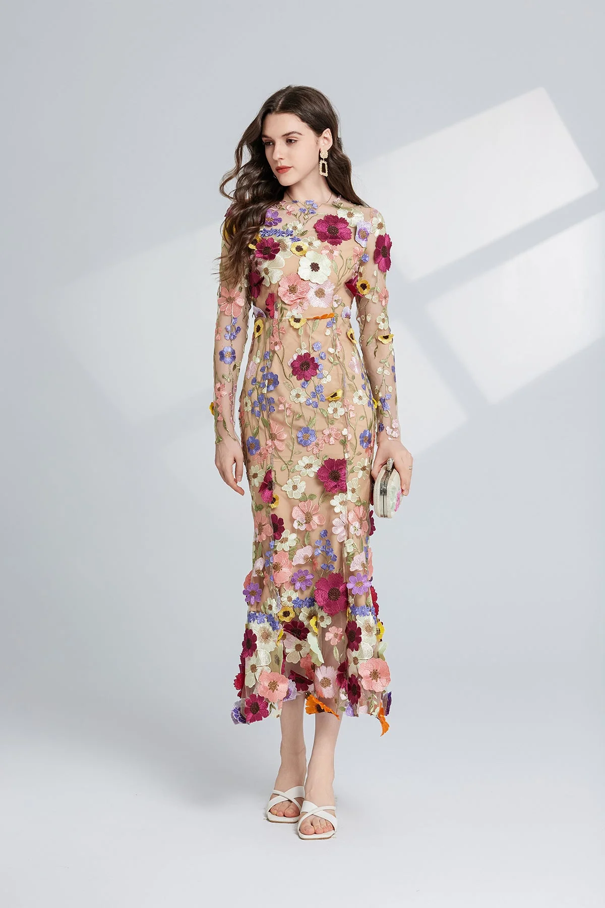 Apricot Floral Embroidery Mesh Midi Dress - Elegant Fishtail Hem