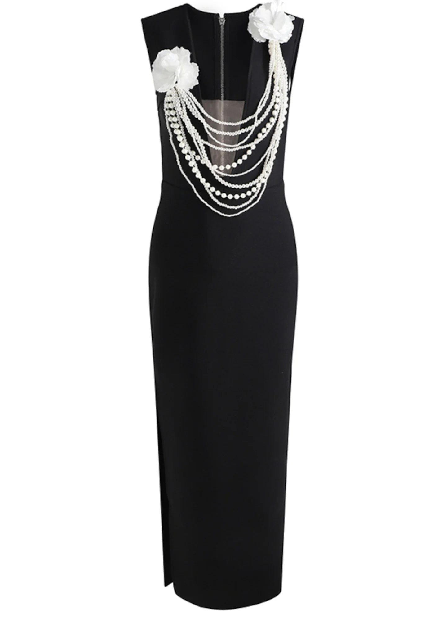 Black Floral Pearl Maxi Dress - Elegant V-Neck Sleeveless Design