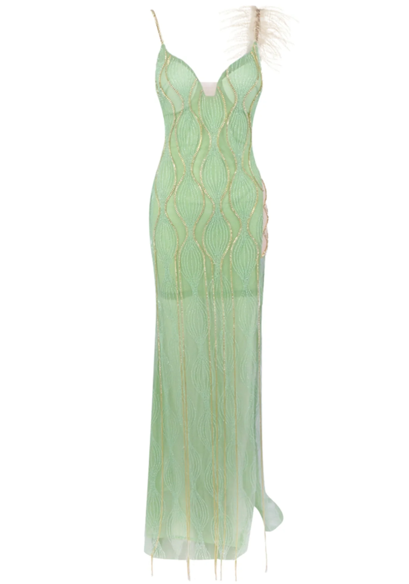 Green Feather Detail Maxi Dress - Elegant Sleeveless V-Neck Design