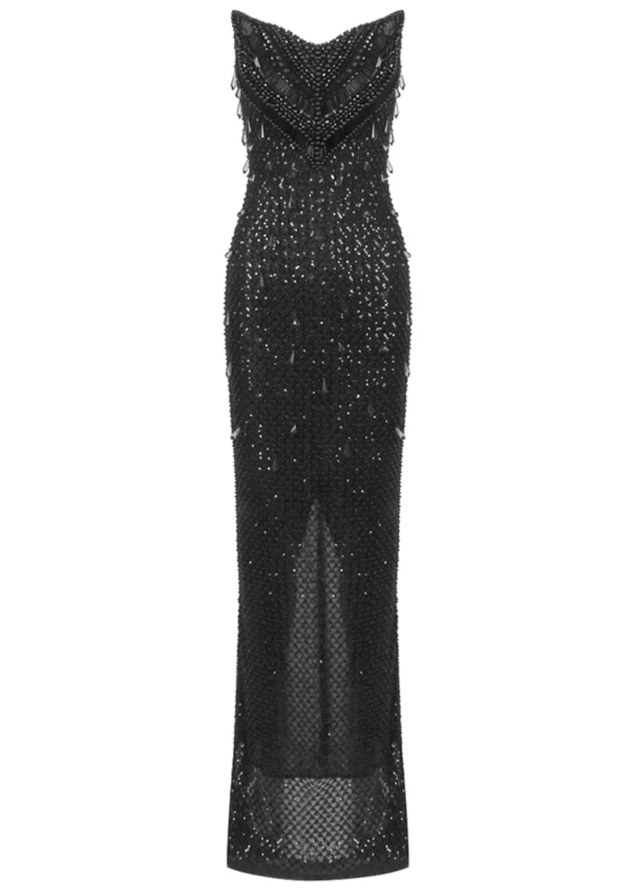 Black Sequin Strapless Maxi Dress with Elegant Sequined Embellishments