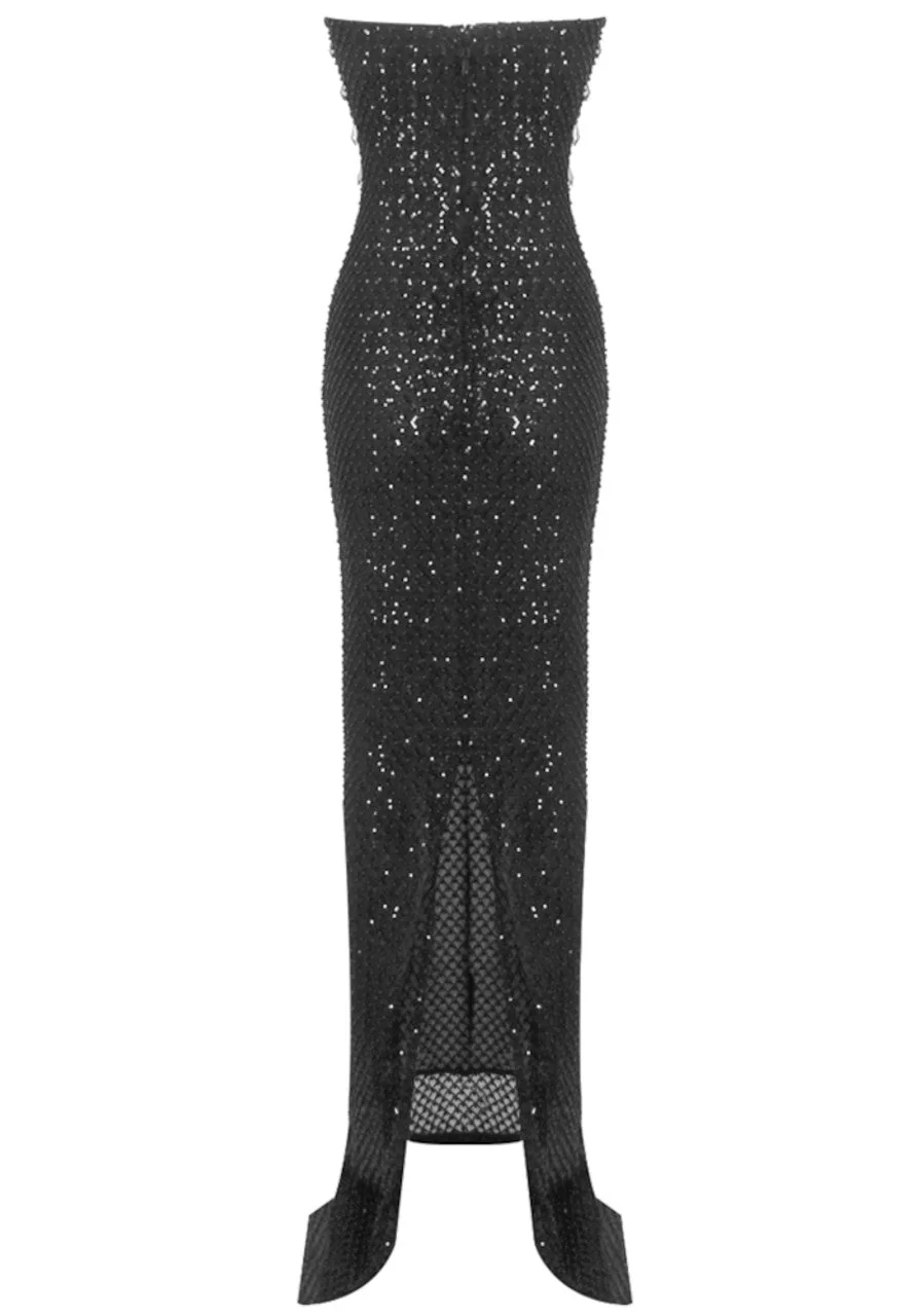 Black Sequin Strapless Maxi Dress with Elegant Sequined Embellishments