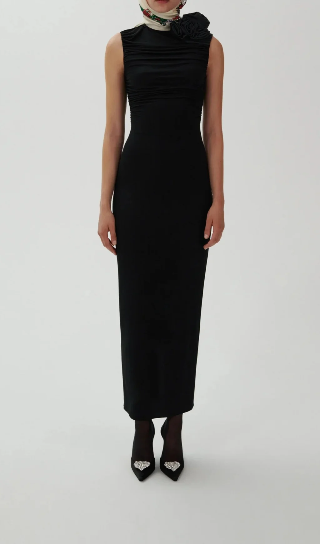 Black Floral Ruched Midi Dress - Elegant Style for Special Occasions