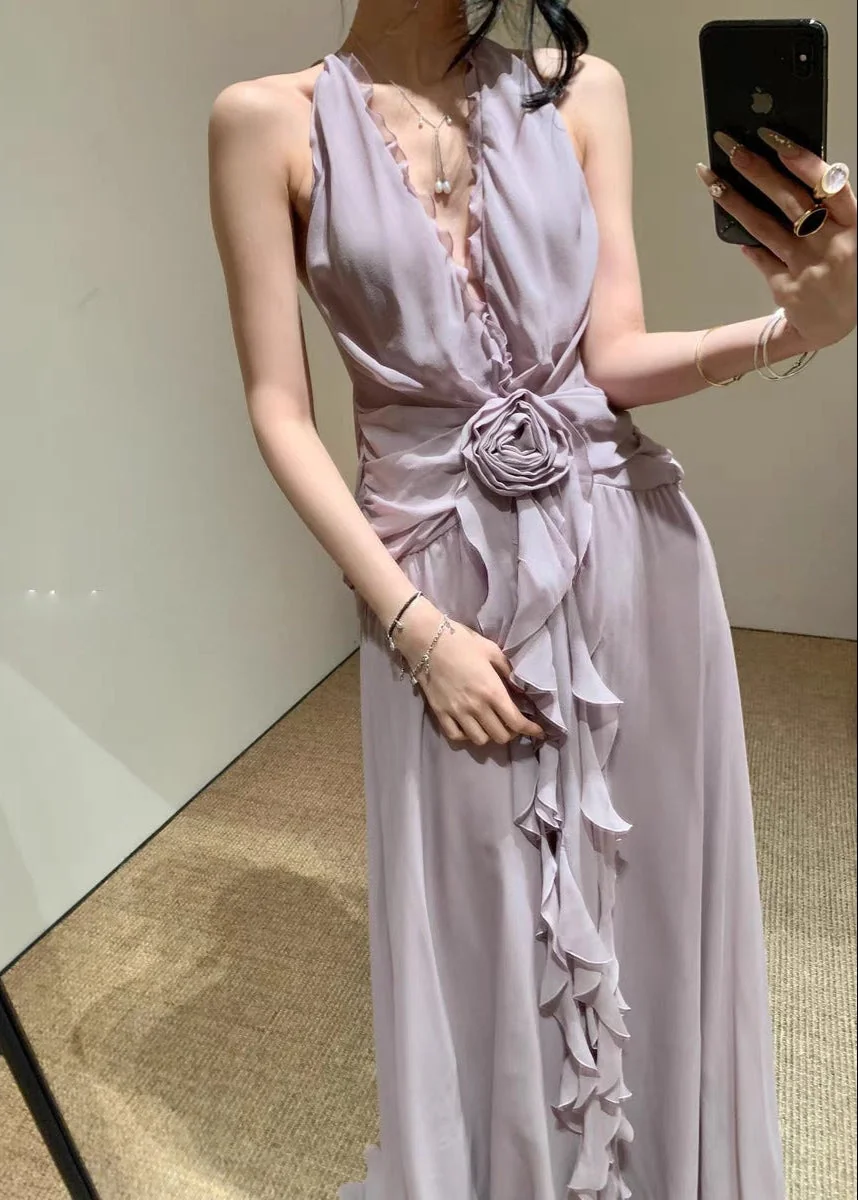 Purple Floral Ruffle Halter Maxi Dress - Elegant Summer Fashion
