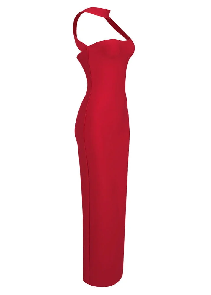 Red Backless Halter Maxi Dress with Cutout Detail