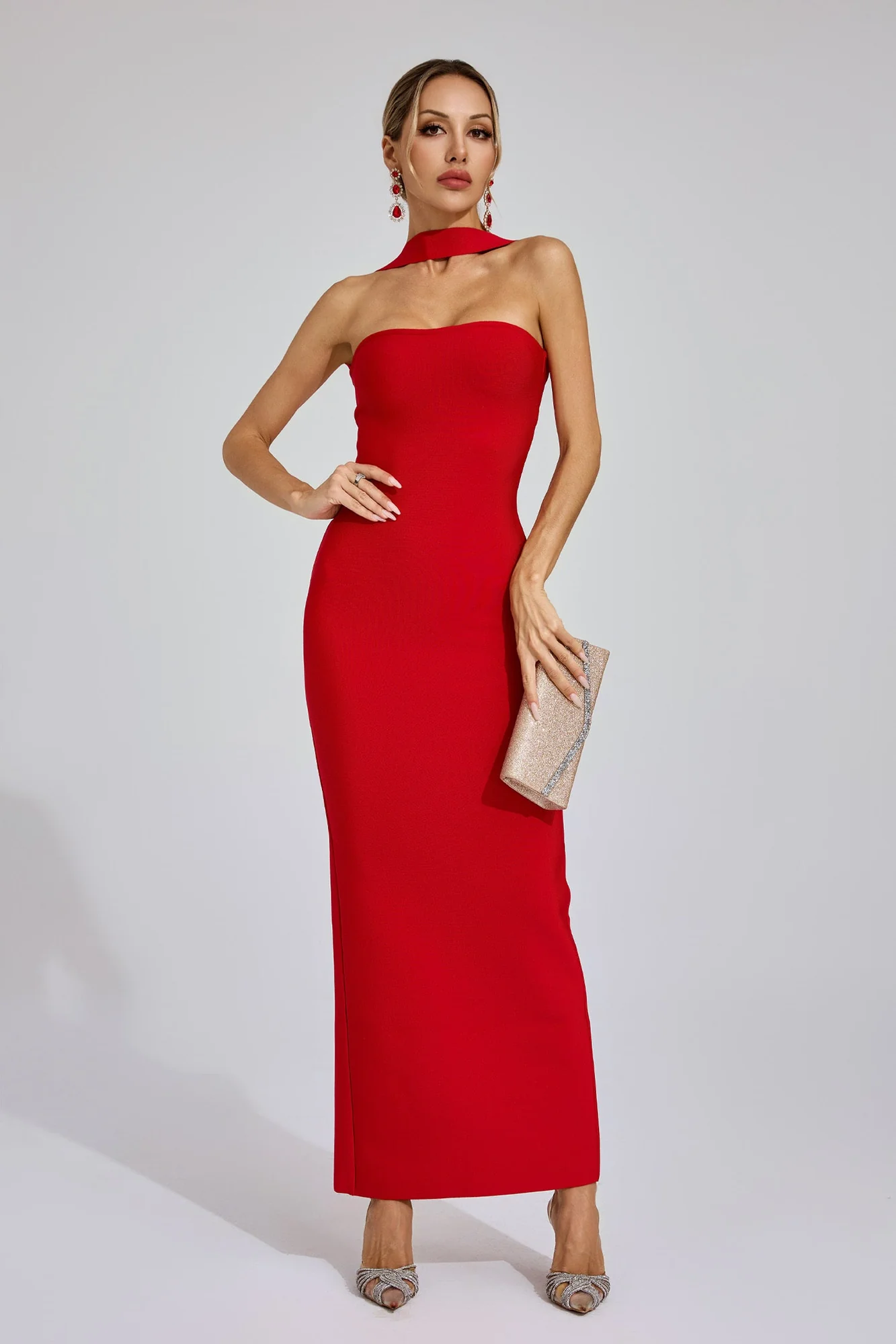 Red Backless Halter Maxi Dress with Cutout Detail
