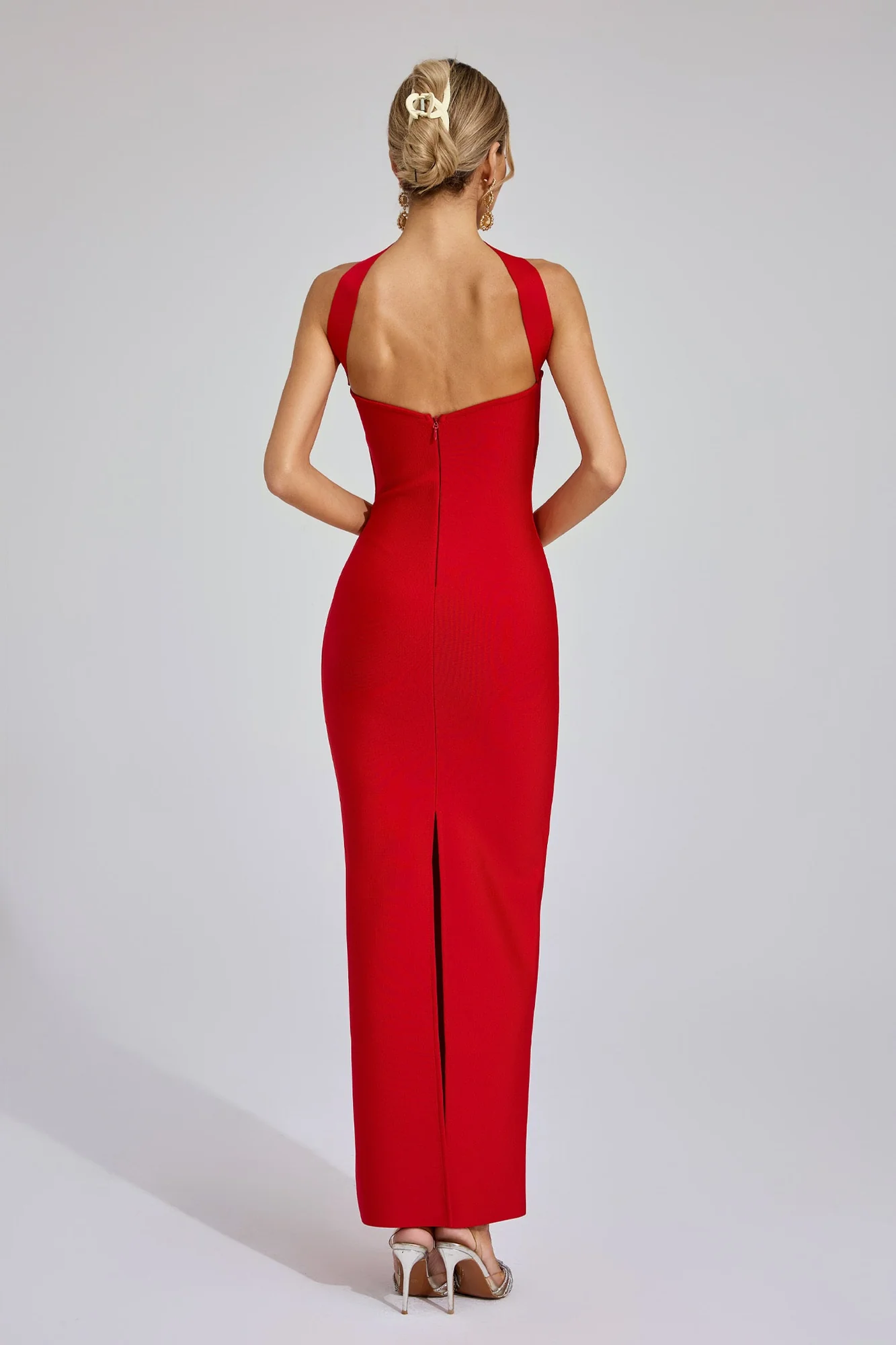 Red Backless Halter Maxi Dress with Cutout Detail