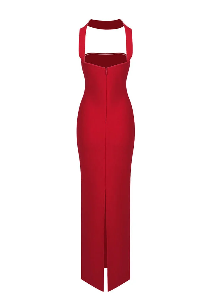 Red Backless Halter Maxi Dress with Cutout Detail