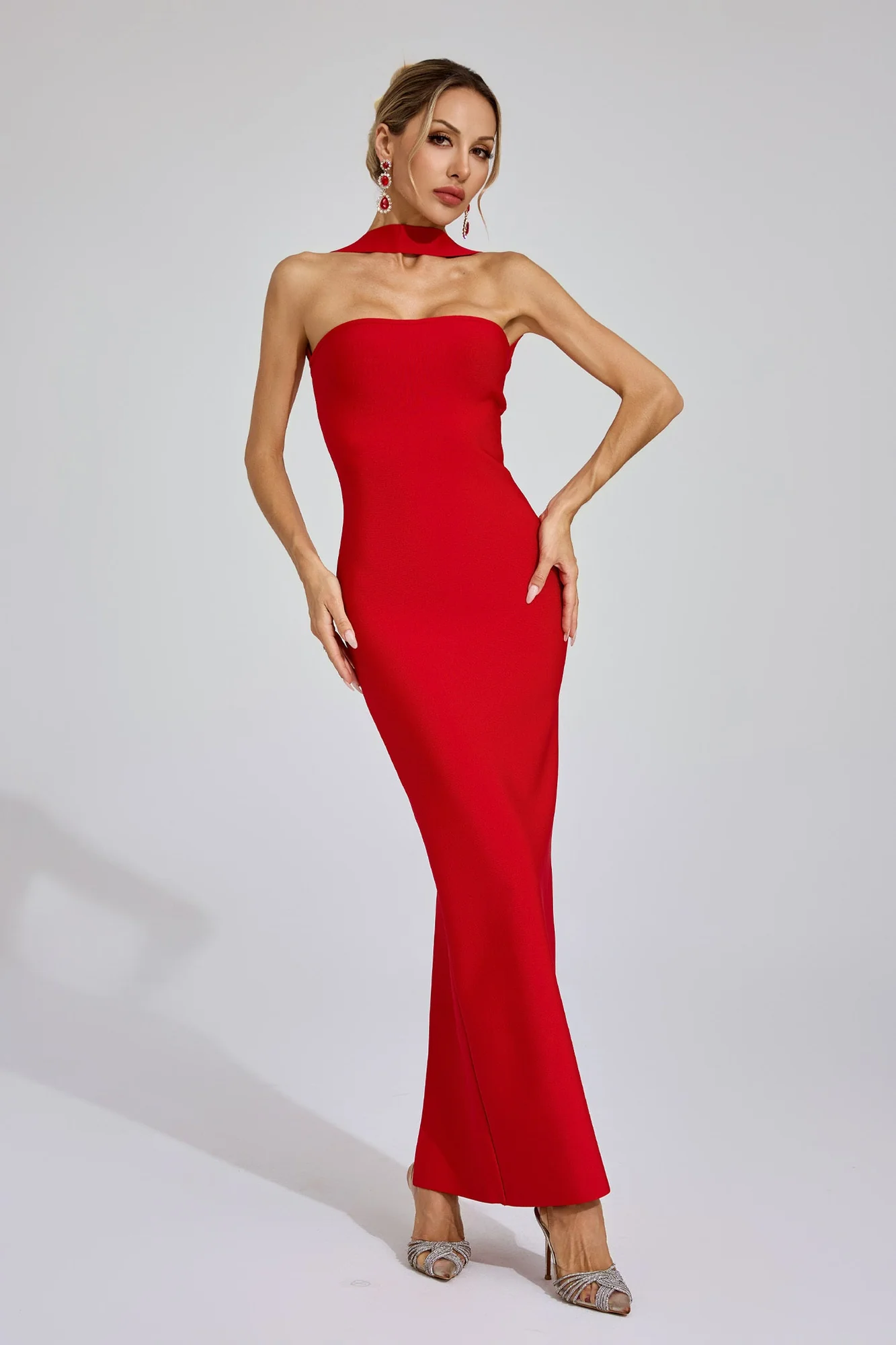 Red Backless Halter Maxi Dress with Cutout Detail