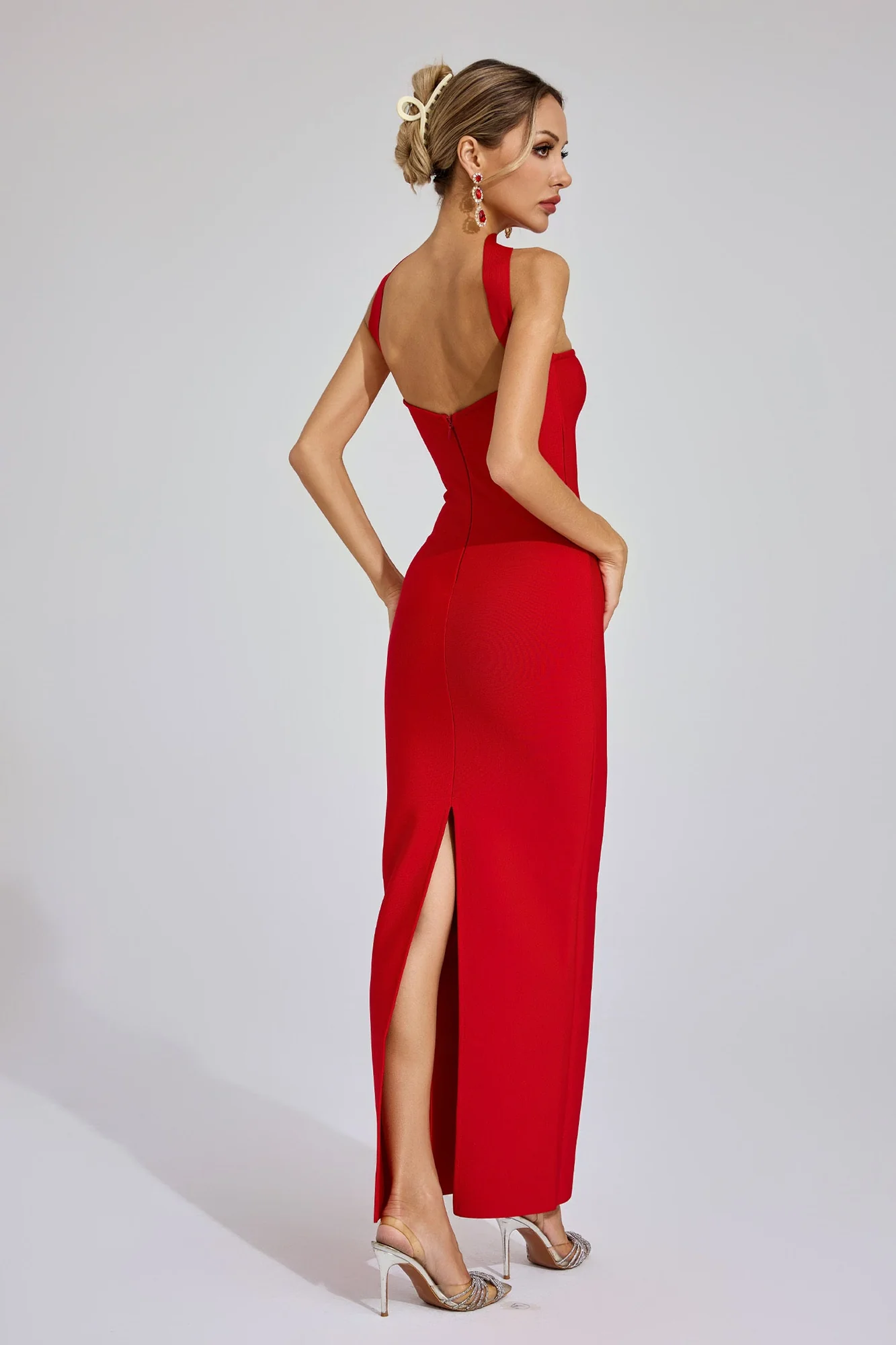 Red Backless Halter Maxi Dress with Cutout Detail