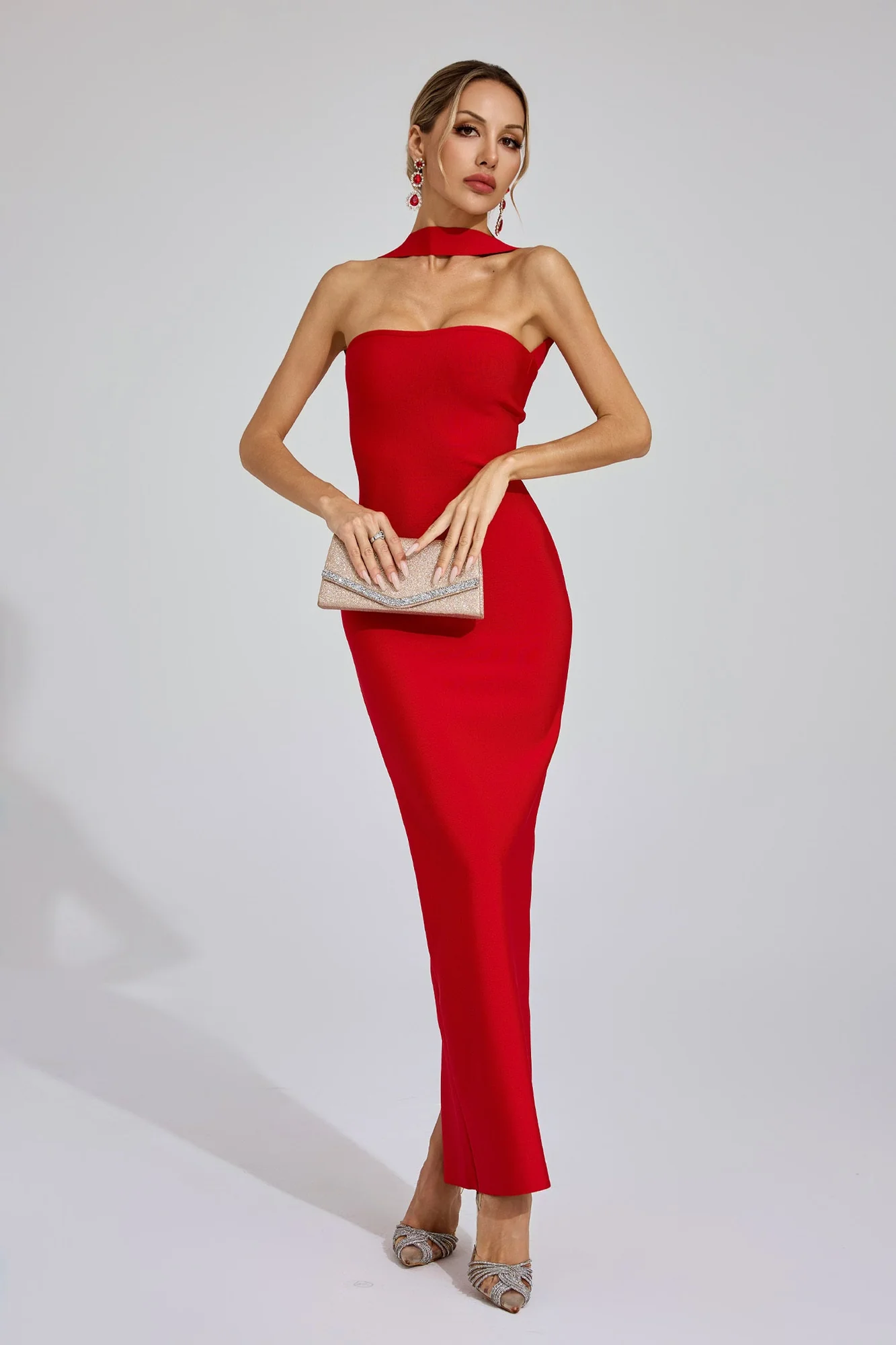 Red Backless Halter Maxi Dress with Cutout Detail