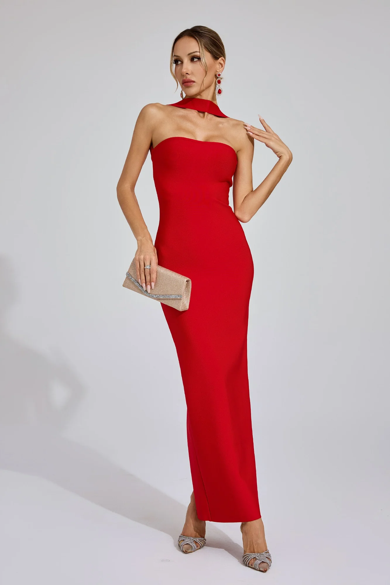 Red Backless Halter Maxi Dress with Cutout Detail