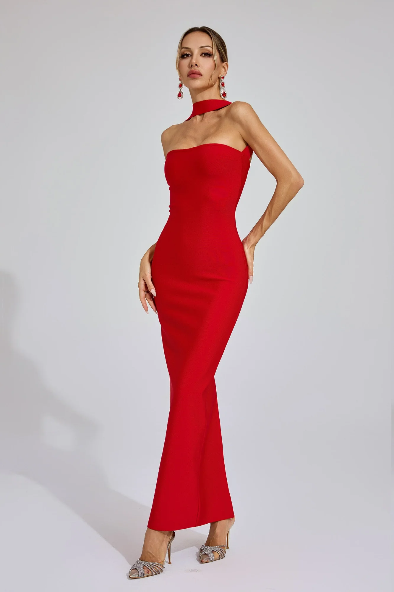 Red Backless Halter Maxi Dress with Cutout Detail