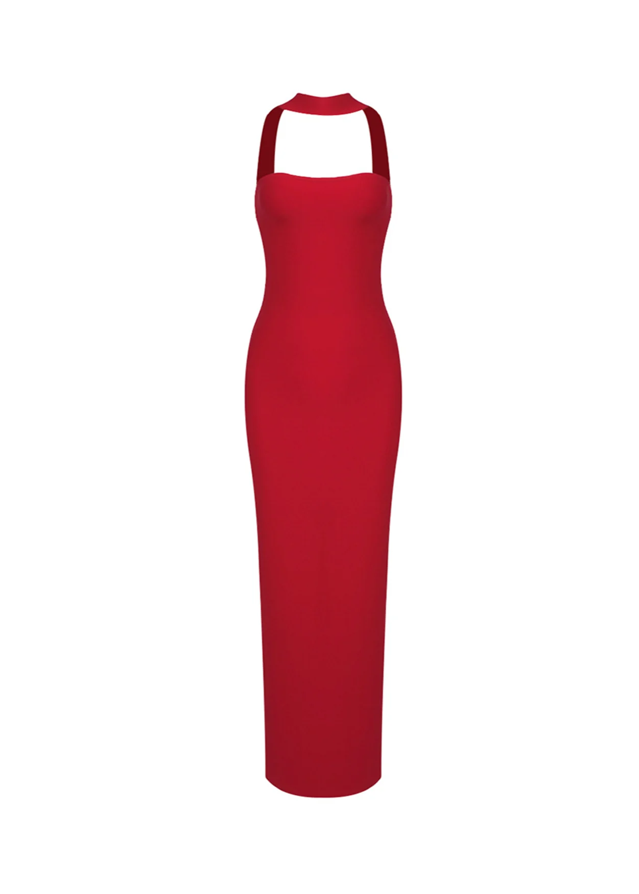 Red Backless Halter Maxi Dress with Cutout Detail