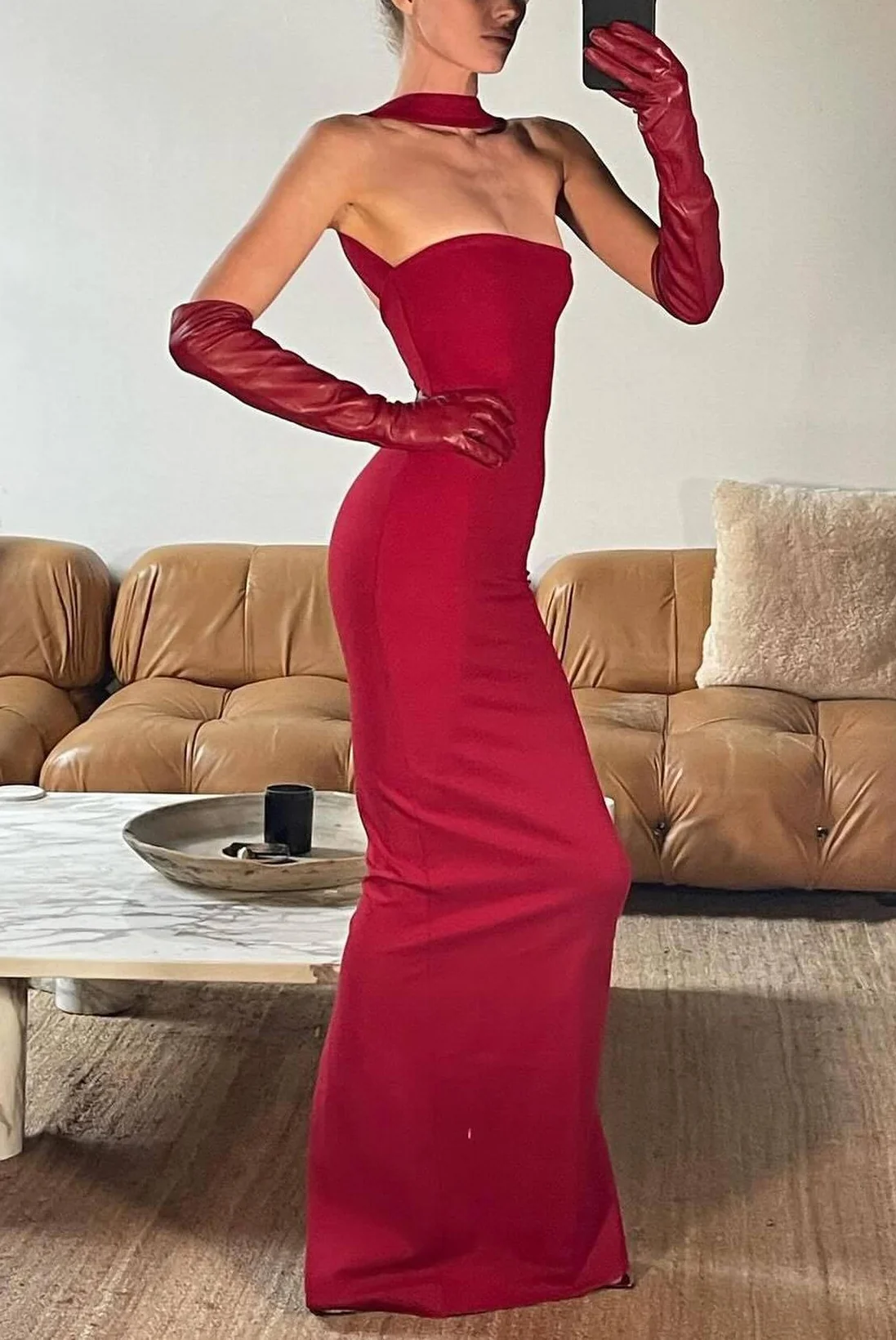 Red Backless Halter Maxi Dress with Cutout Detail