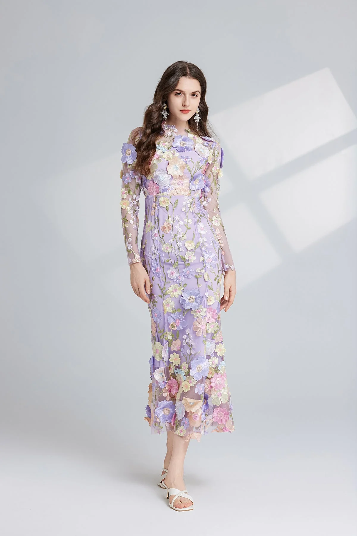 Purple Floral Embroidery Mesh Fishtail Midi Dress