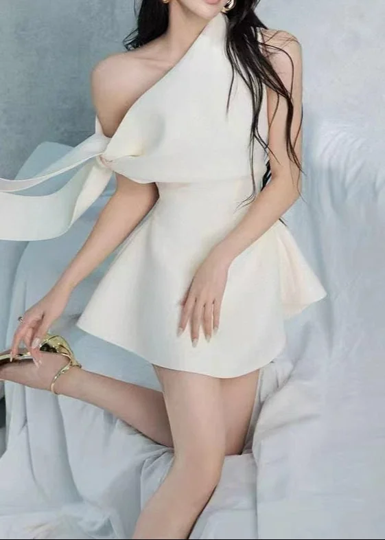 White Asymmetric One Shoulder Flare Mini Dress - Elegant & Sophisticated Style