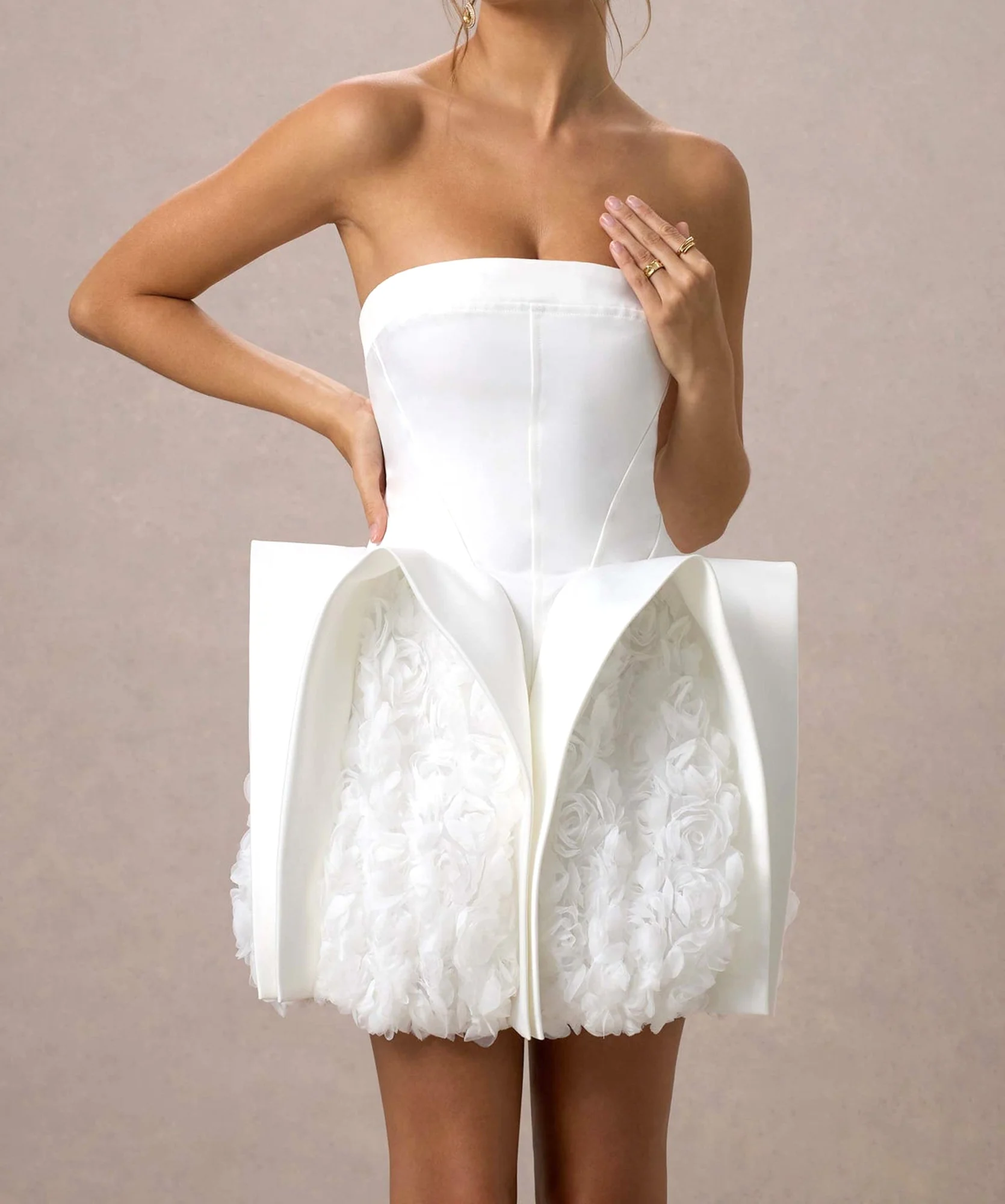 White Floral Mini Dress with Strapless Design