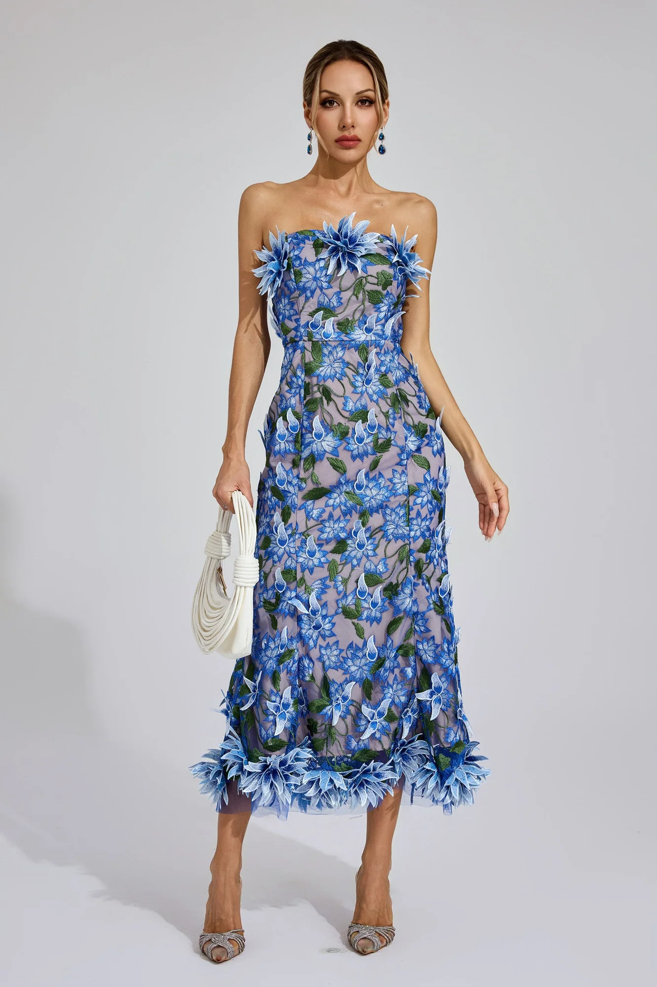 Blue Strapless 3D Floral Embroidered Midi Dress