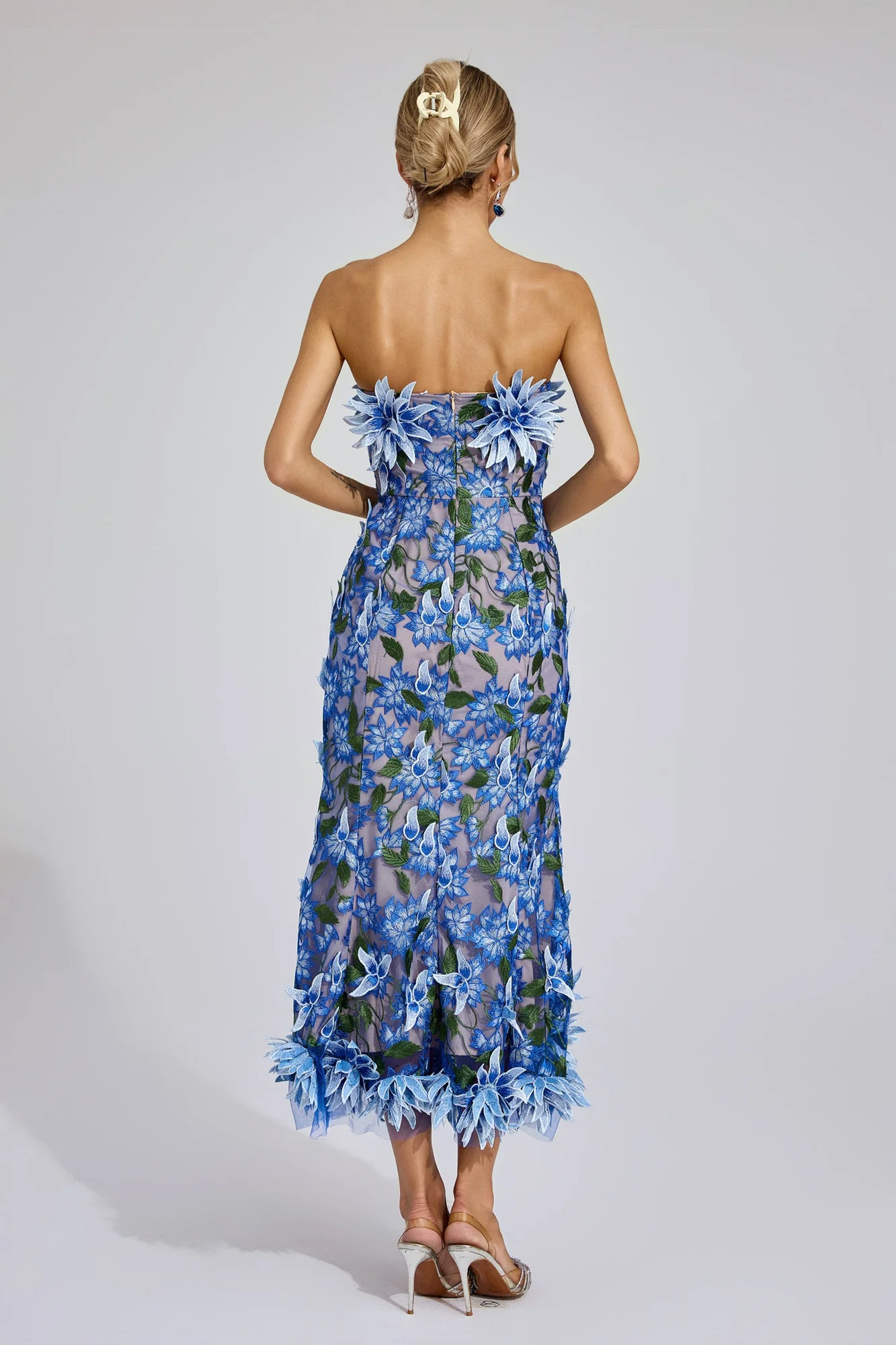Blue Strapless 3D Floral Embroidered Midi Dress