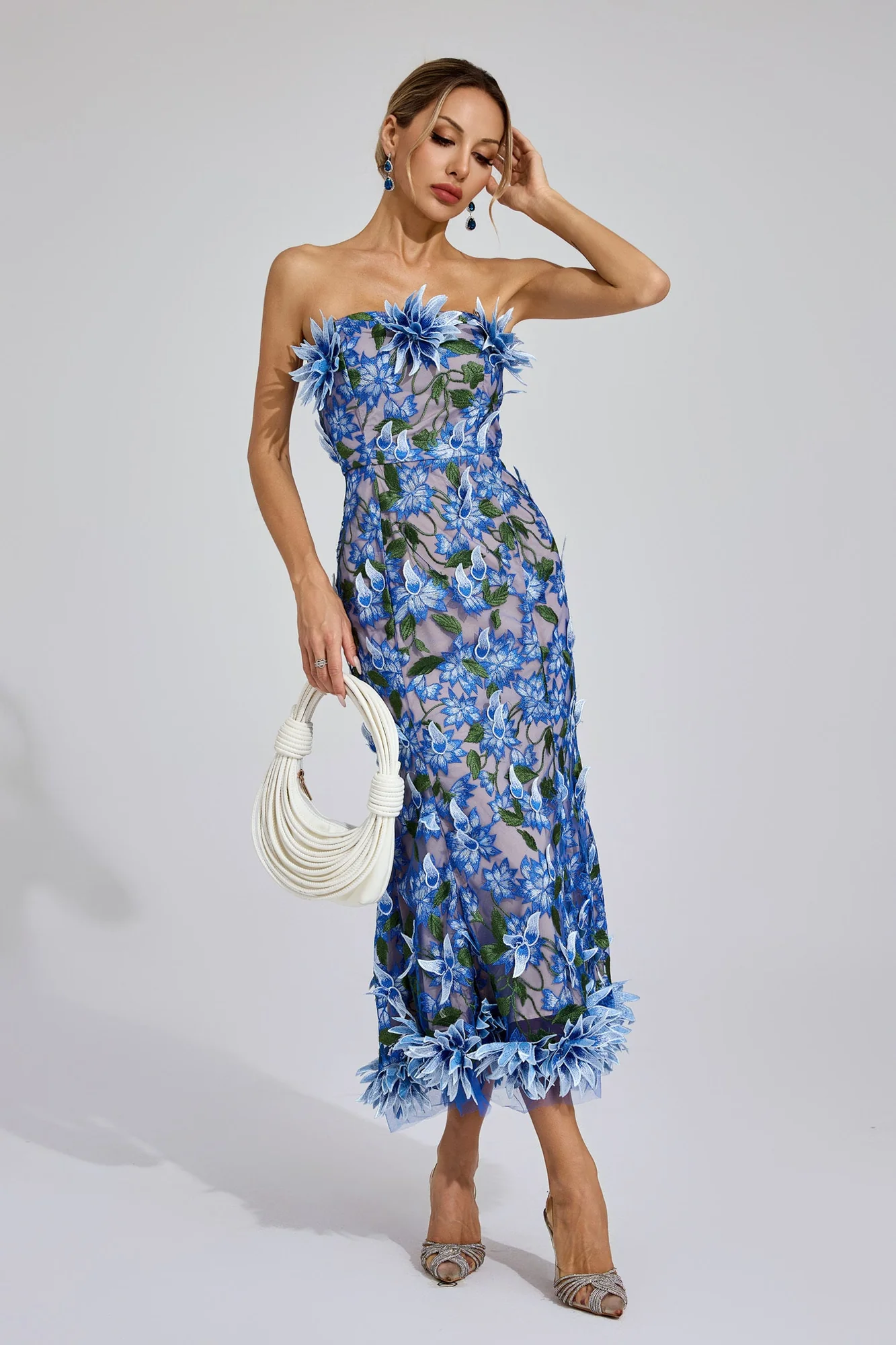 Blue Strapless 3D Floral Embroidered Midi Dress